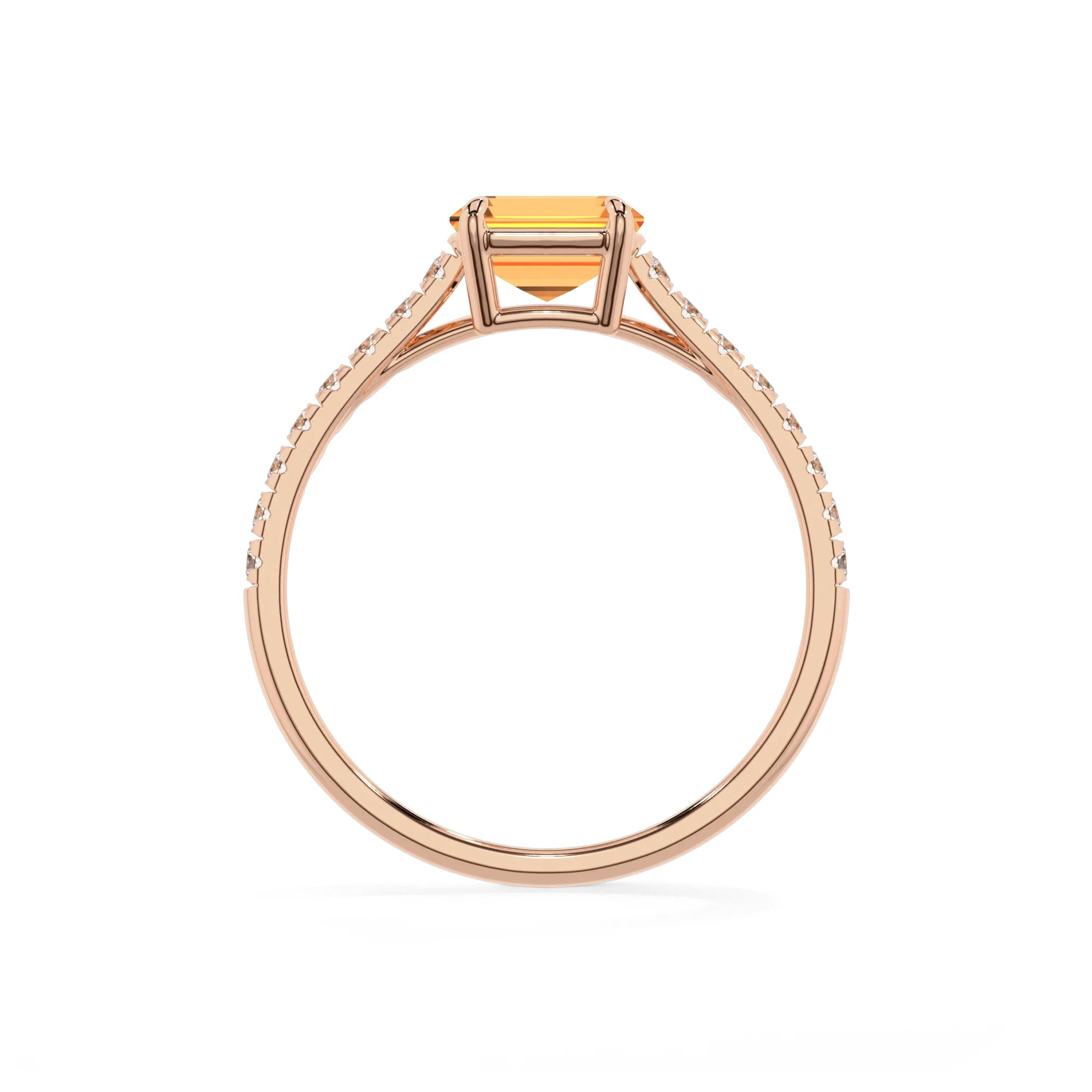 lab grown citrine emerald cut half eternity solitaire engagement rings in rose gold