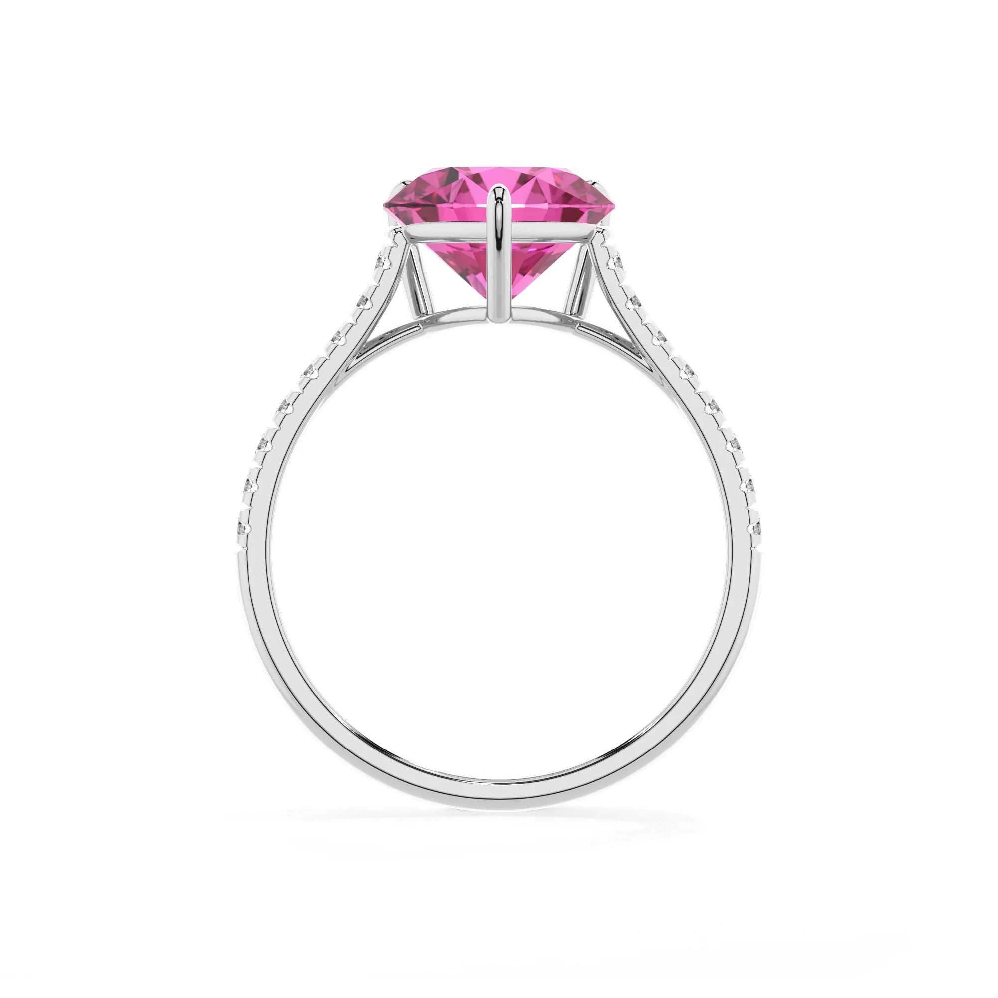 lab grown pink-sapphire heart half eternity solitaire engagement rings in sterling silver