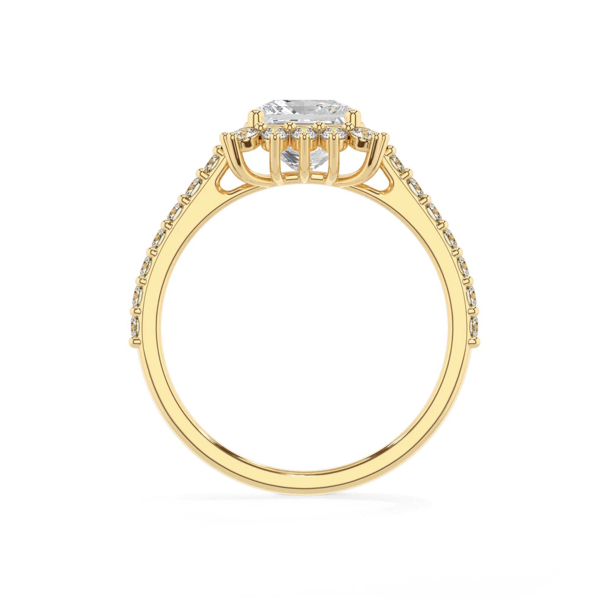 lab grown moissanite princess solitaire rings in yellow gold