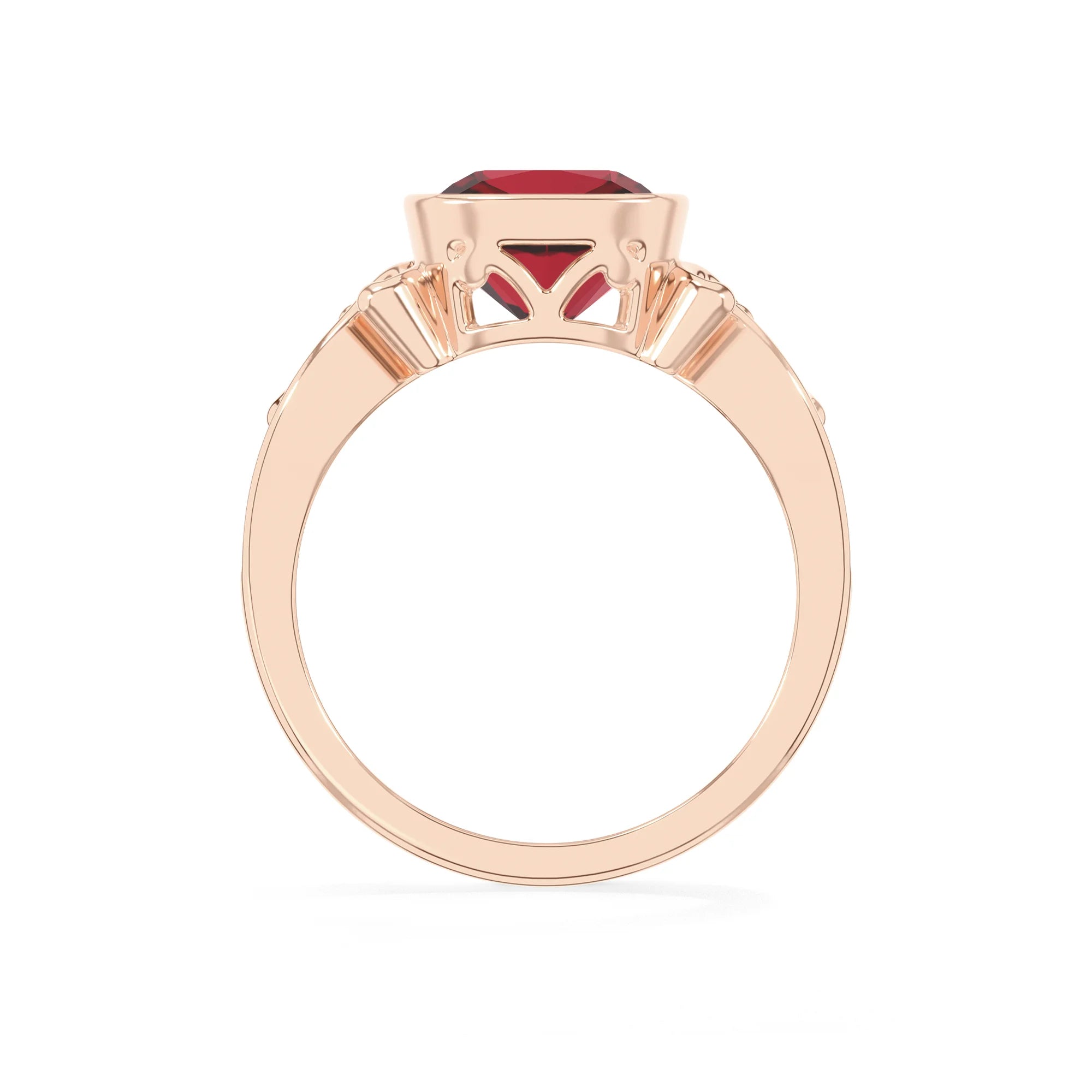 lab grown ruby cushion solitaire rings in rose gold