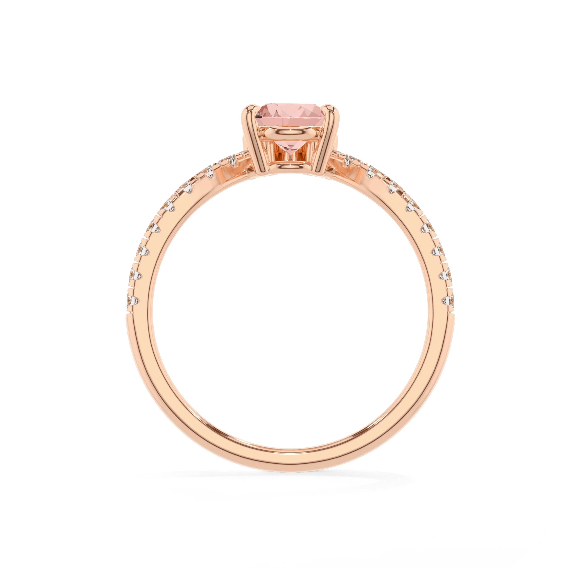 lab grown morganite pear solitaire rings in rose gold