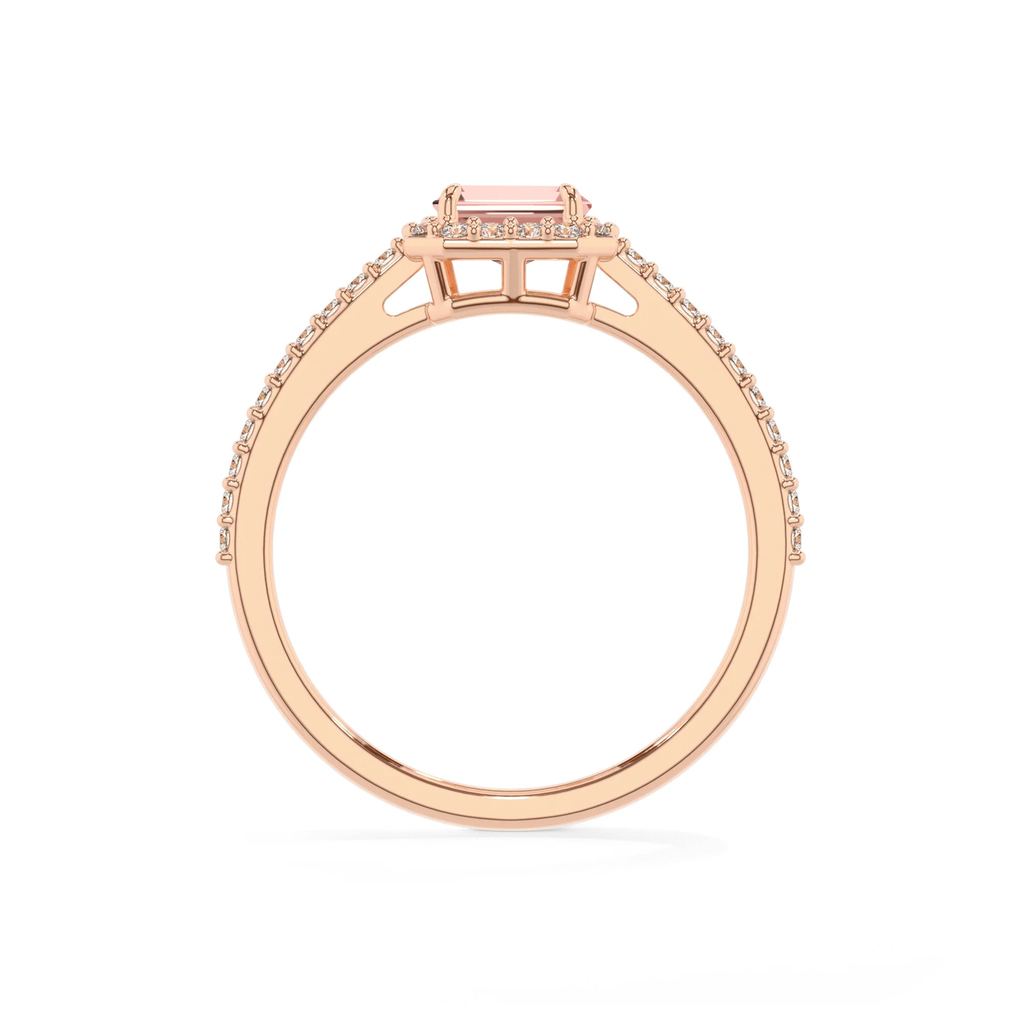 lab grown morganite emerald cut solitaire rings in rose gold