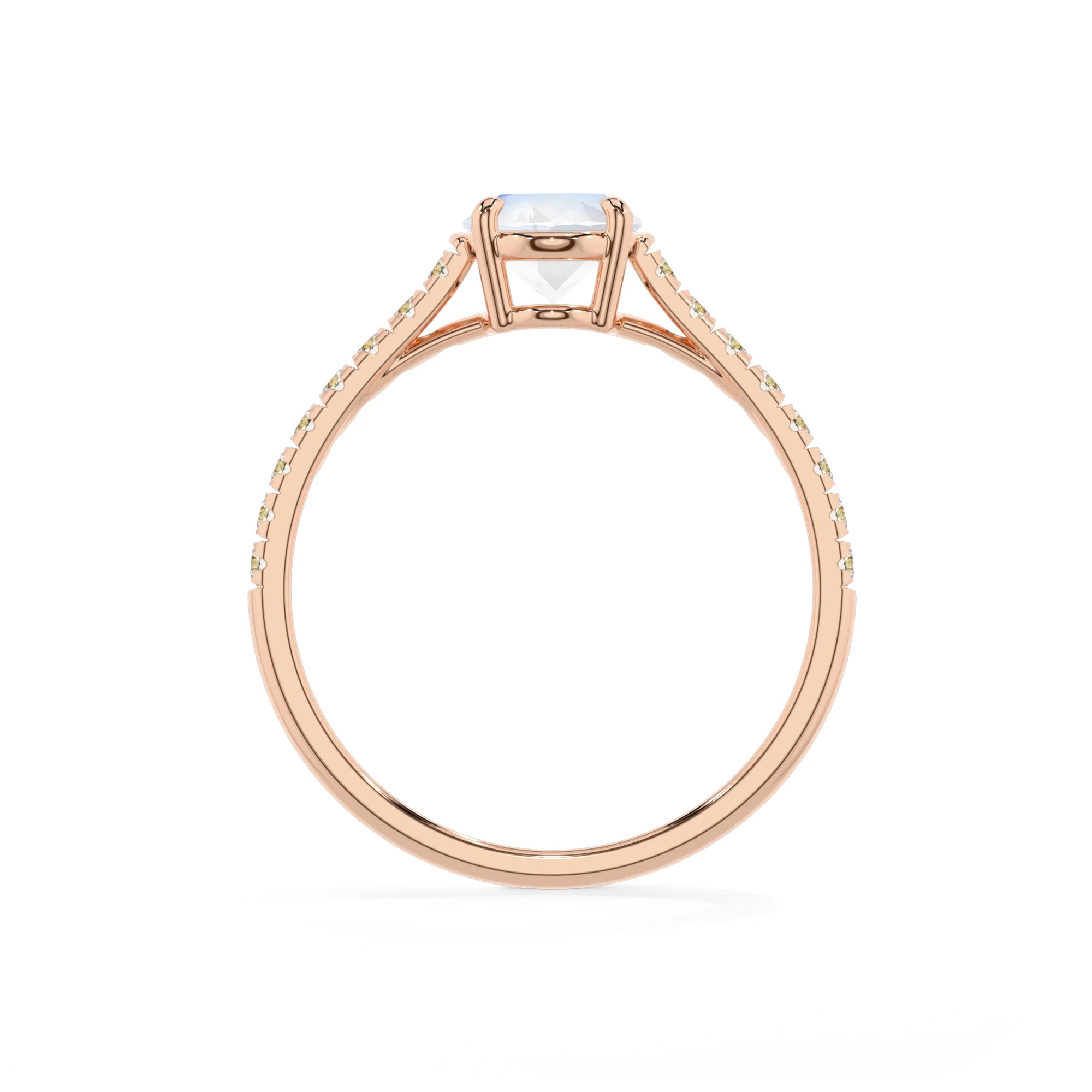 natural rainbow-moonstone oval half eternity solitaire engagement rings in rose gold