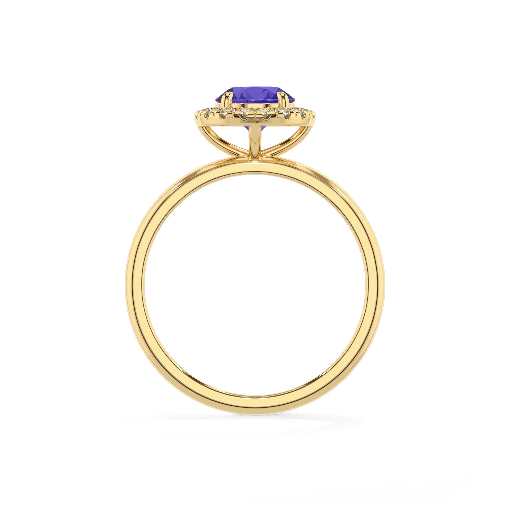 lab grown tanzanite round solitaire rings in yellow gold