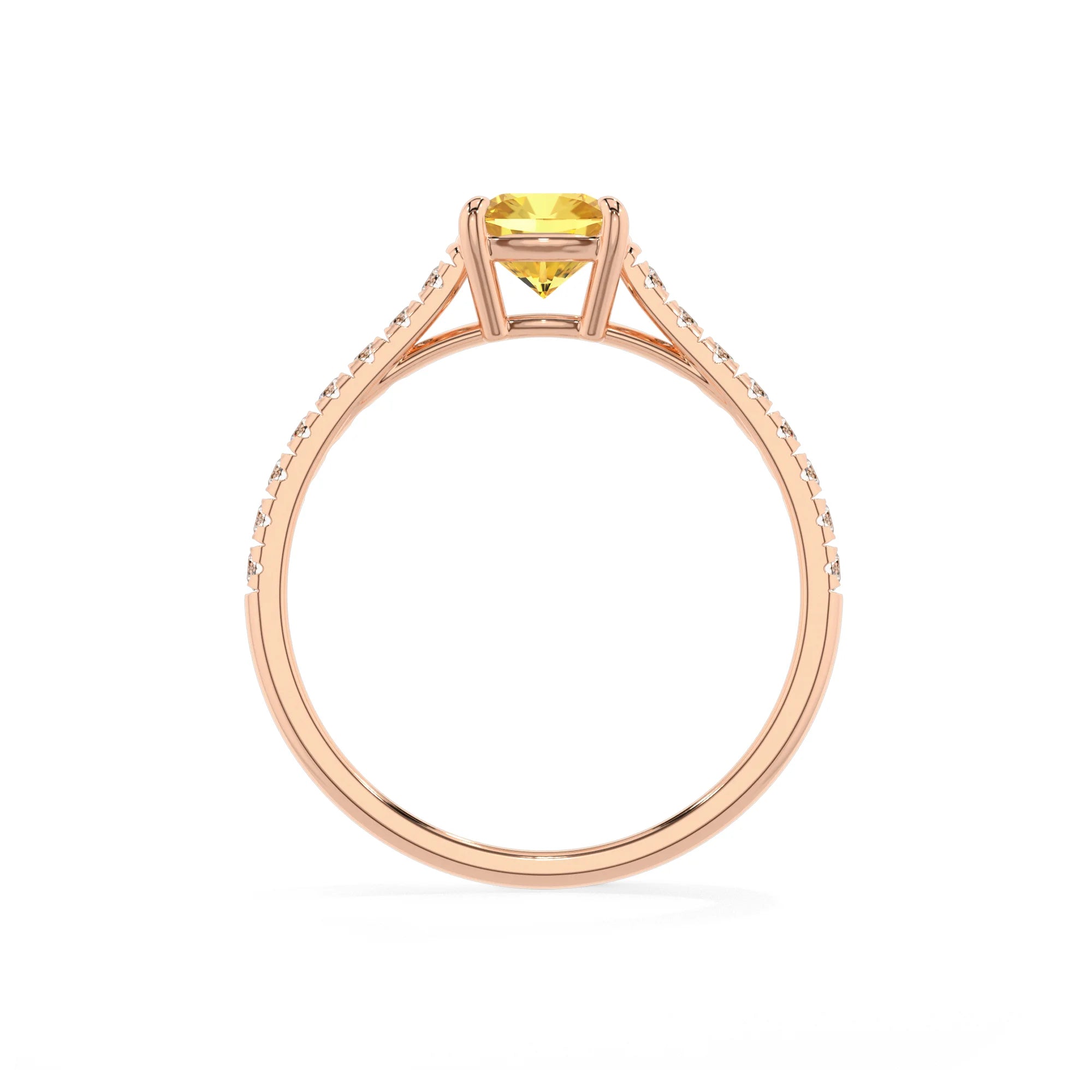 lab grown yellow-sapphire cushion half eternity solitaire engagement rings in rose gold