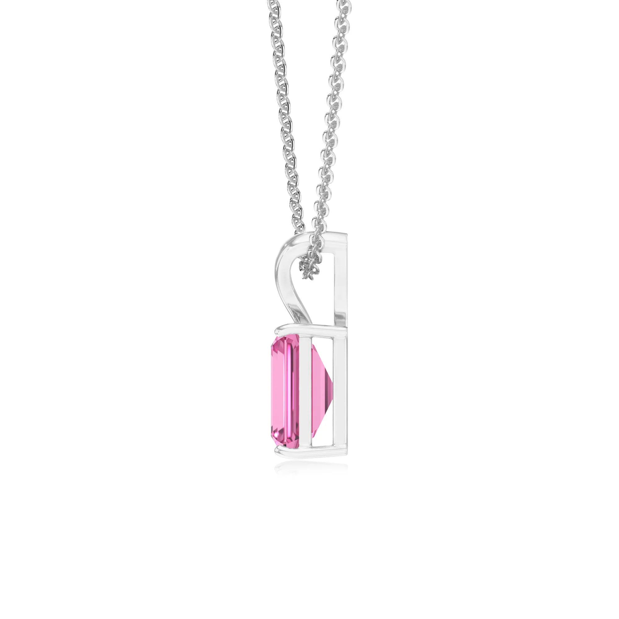 lab grown pink-sapphire emerald cut solitaire v-bale necklaces in sterling silver