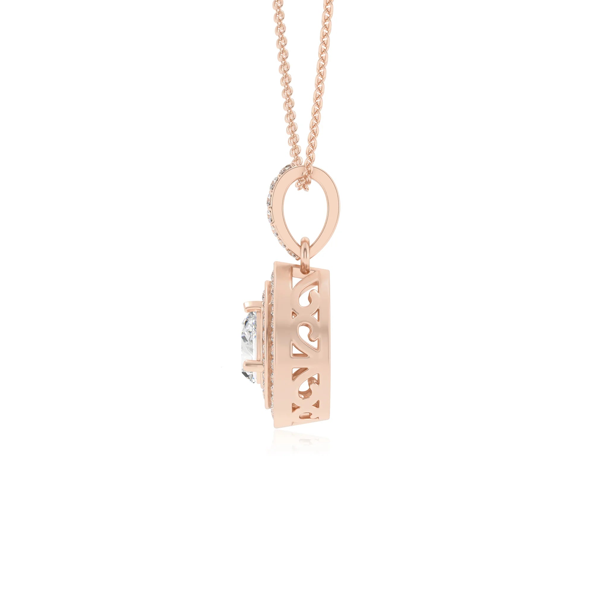 lab grown moissanite pear halo necklaces in rose gold