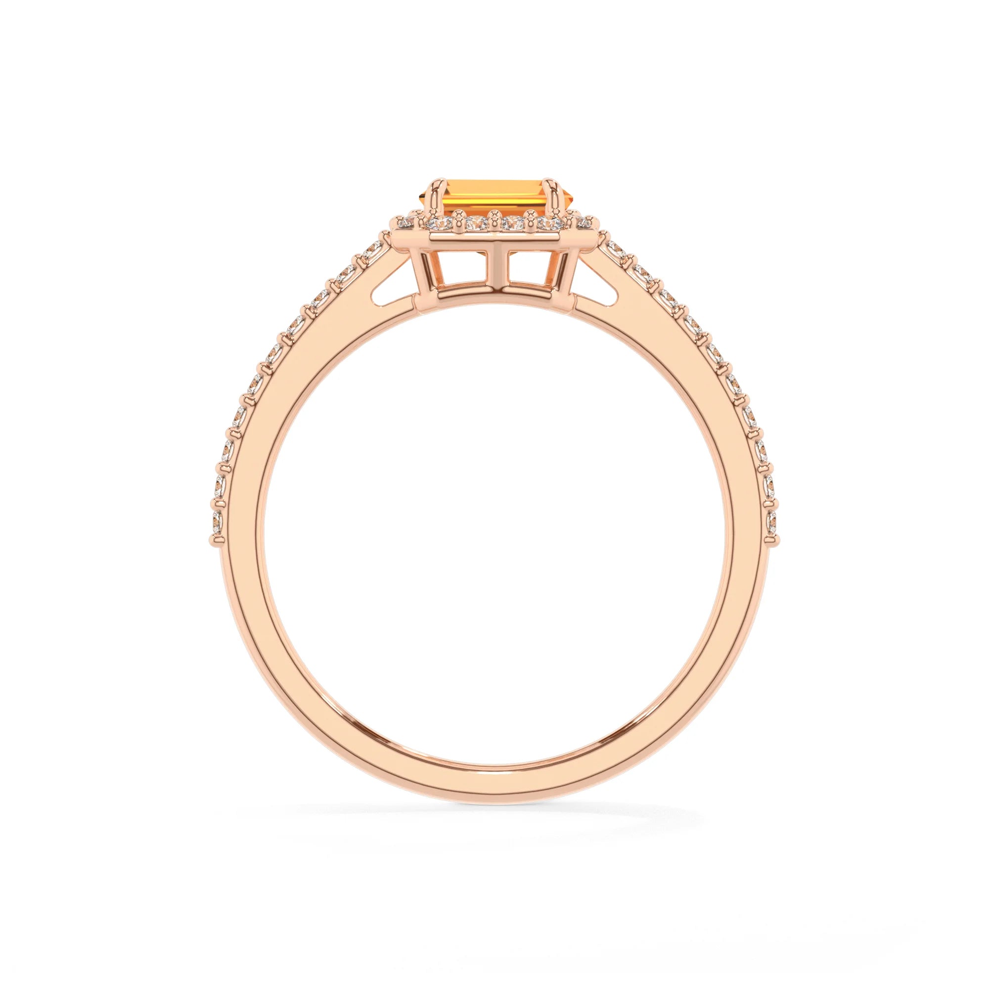lab grown citrine emerald cut solitaire rings in rose gold
