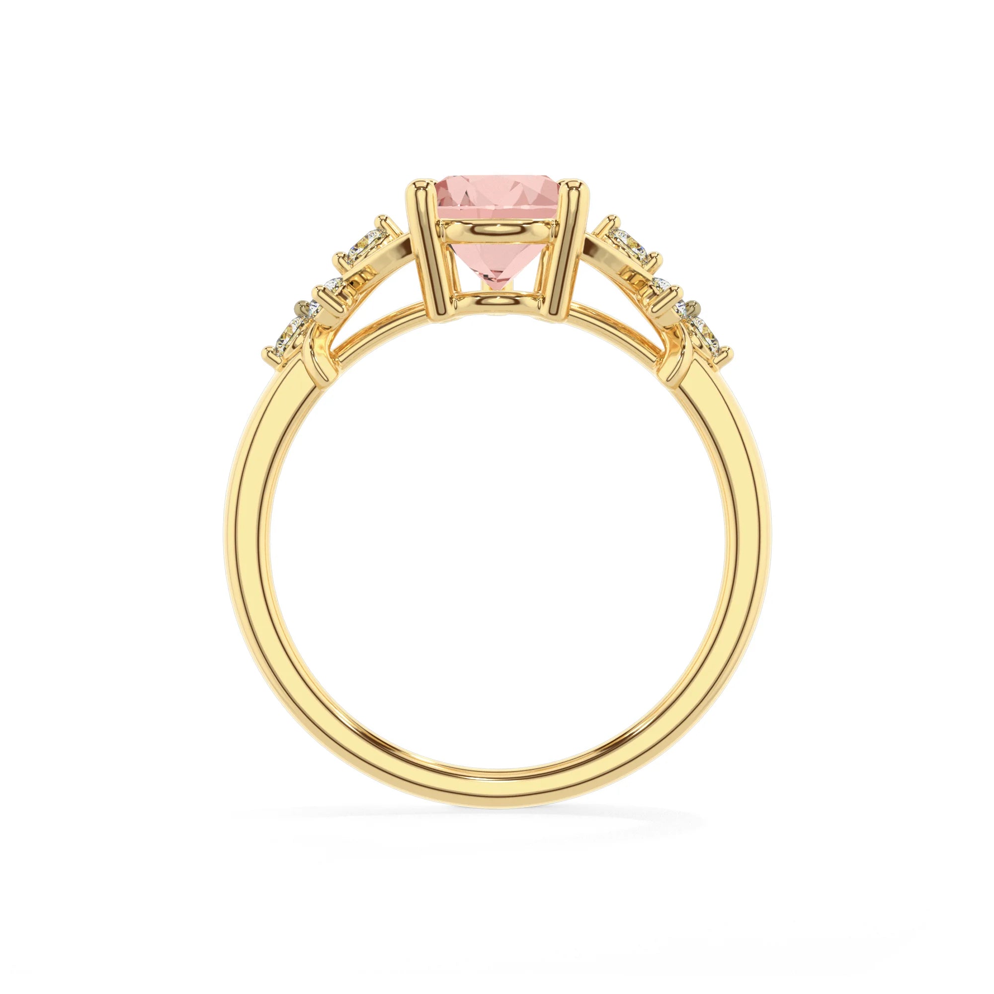 lab grown morganite pear solitaire rings in yellow gold