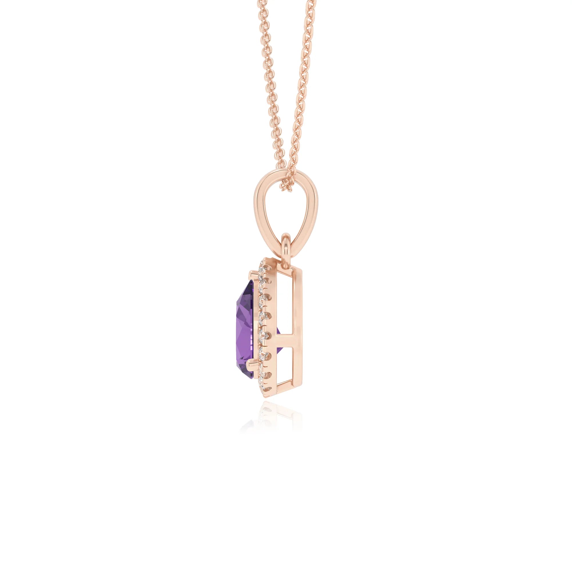 lab grown amethyst pear solitaire necklaces in rose gold