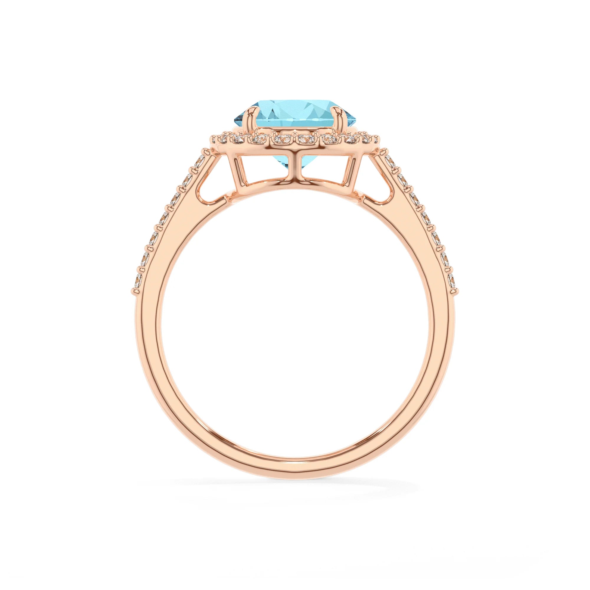 lab grown aquamarine round solitaire rings in rose gold