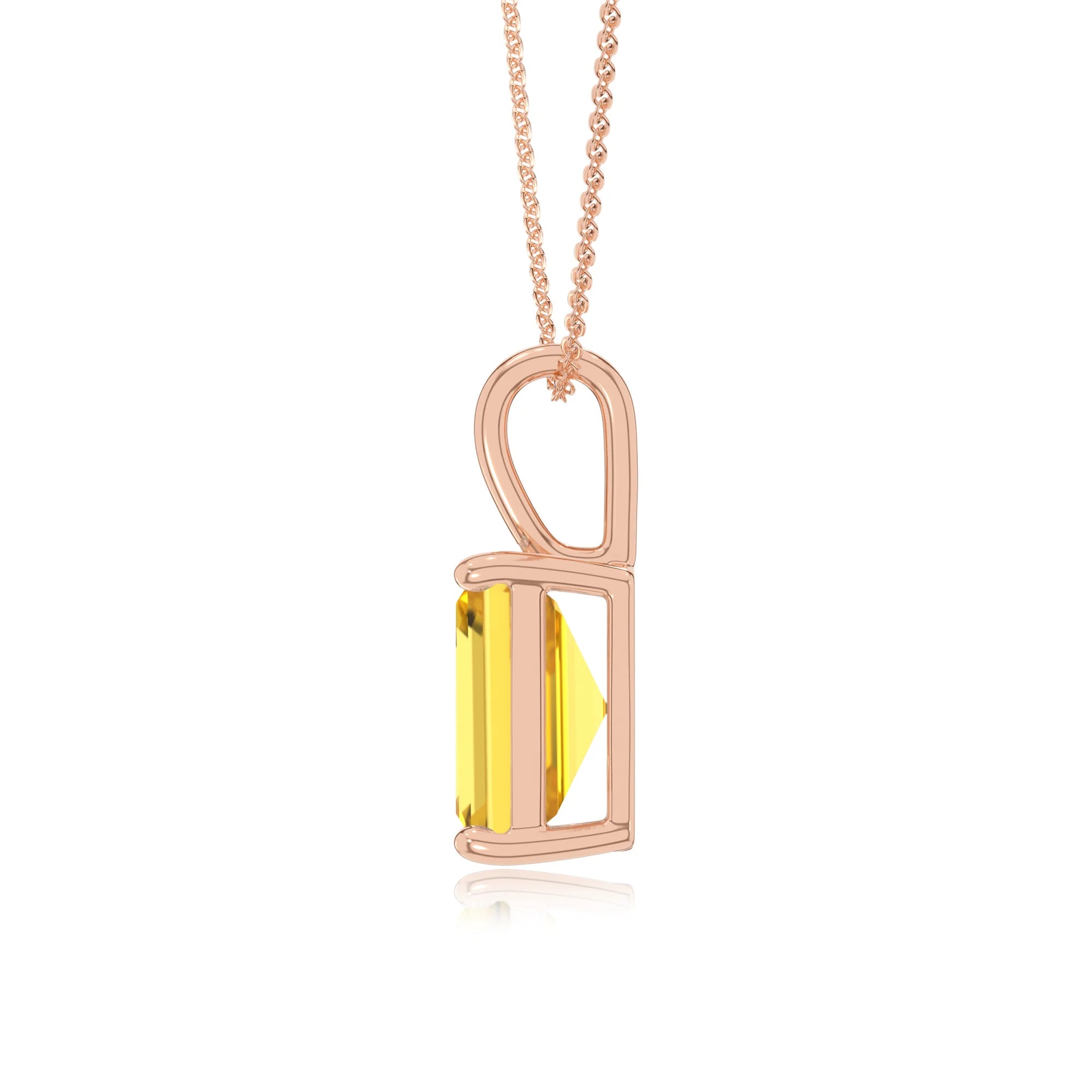 lab grown yellow-sapphire emerald cut solitaire necklaces in rose gold