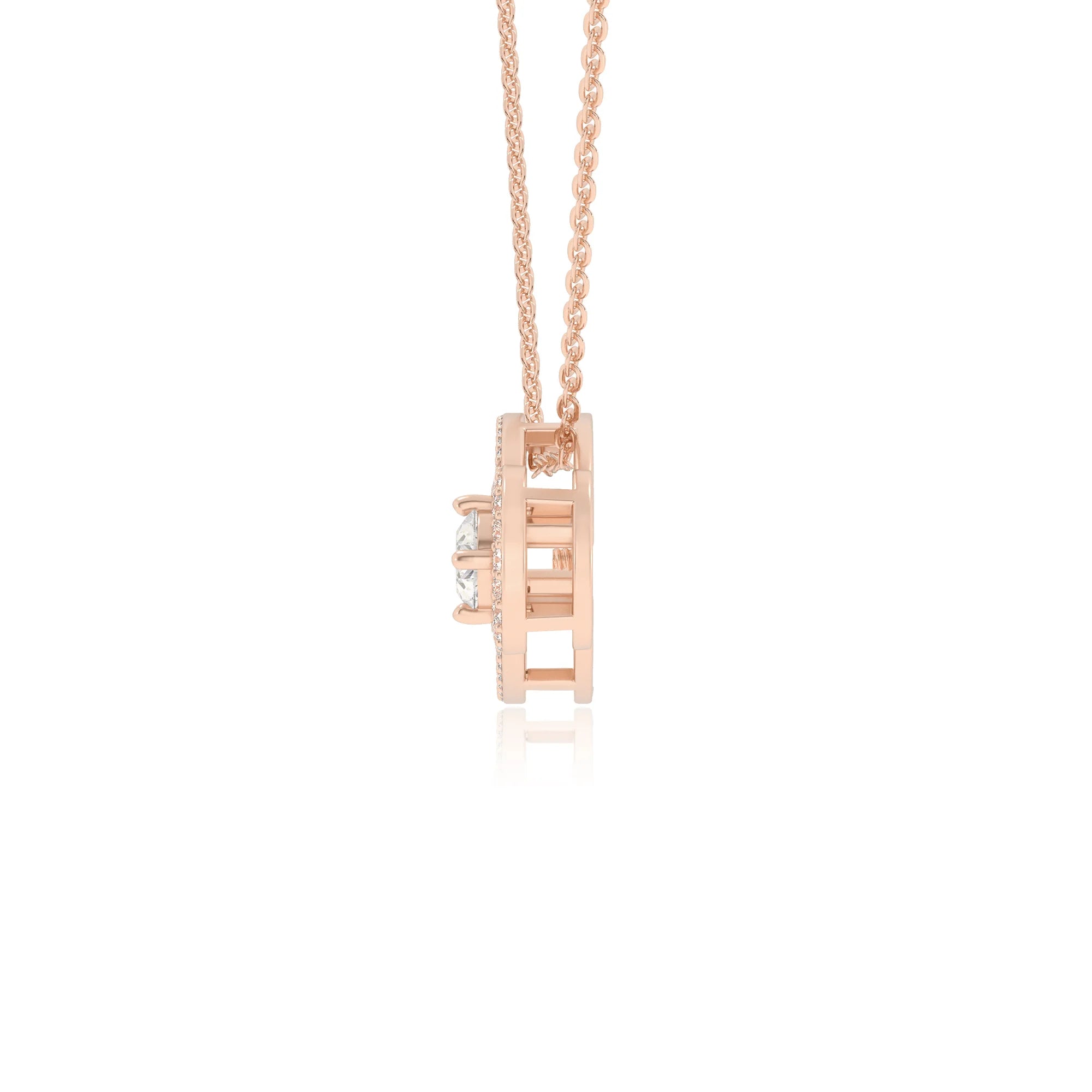 lab grown moissanite round solitaire necklaces in rose gold