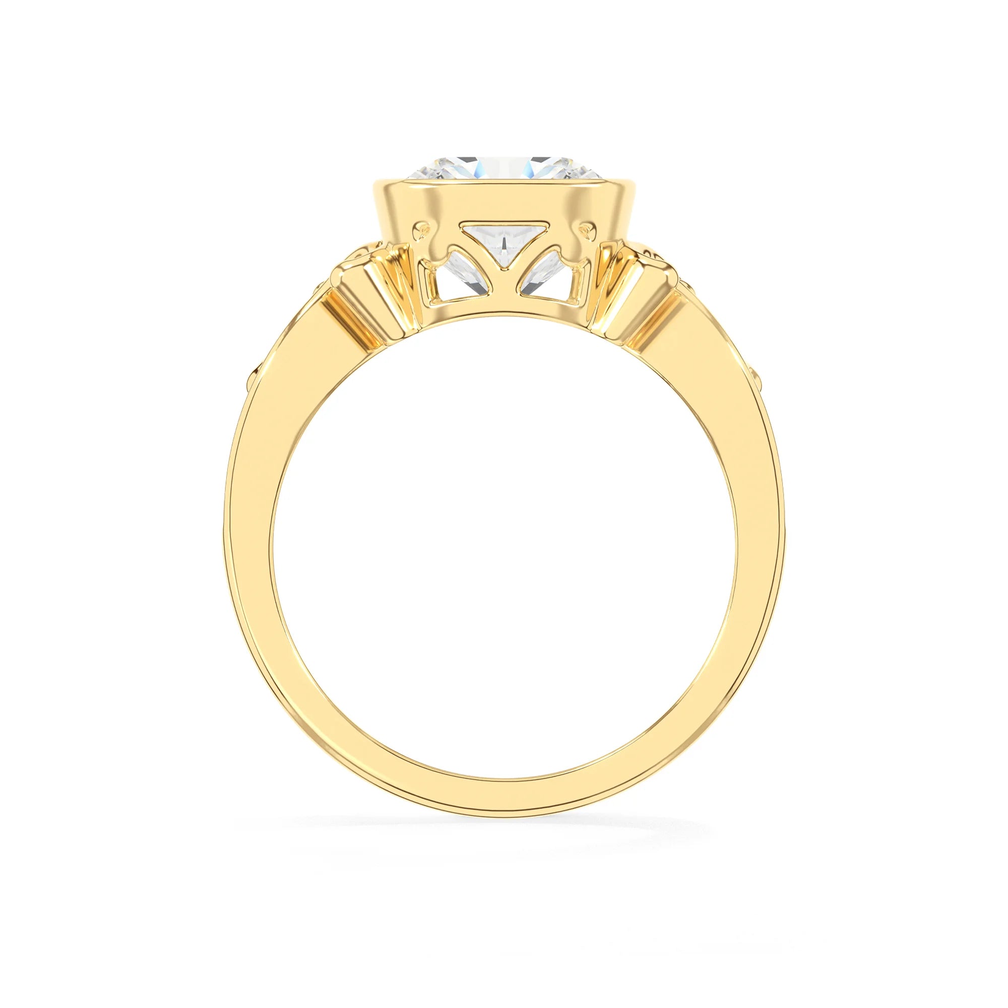 lab grown moissanite cushion solitaire rings in yellow gold