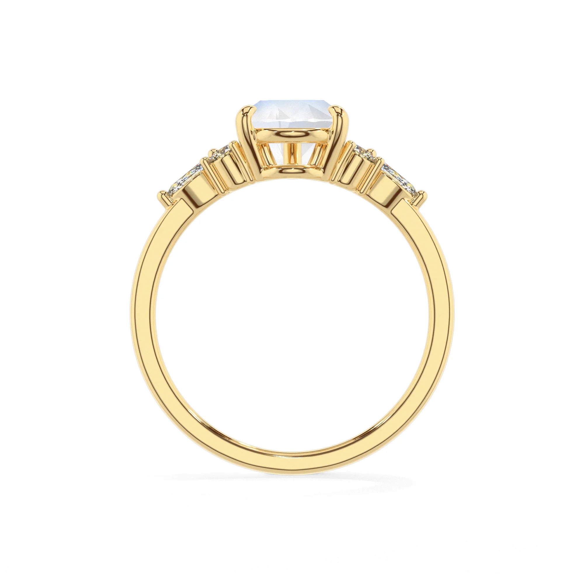 natural rainbow-moonstone pear solitaire rings in yellow gold