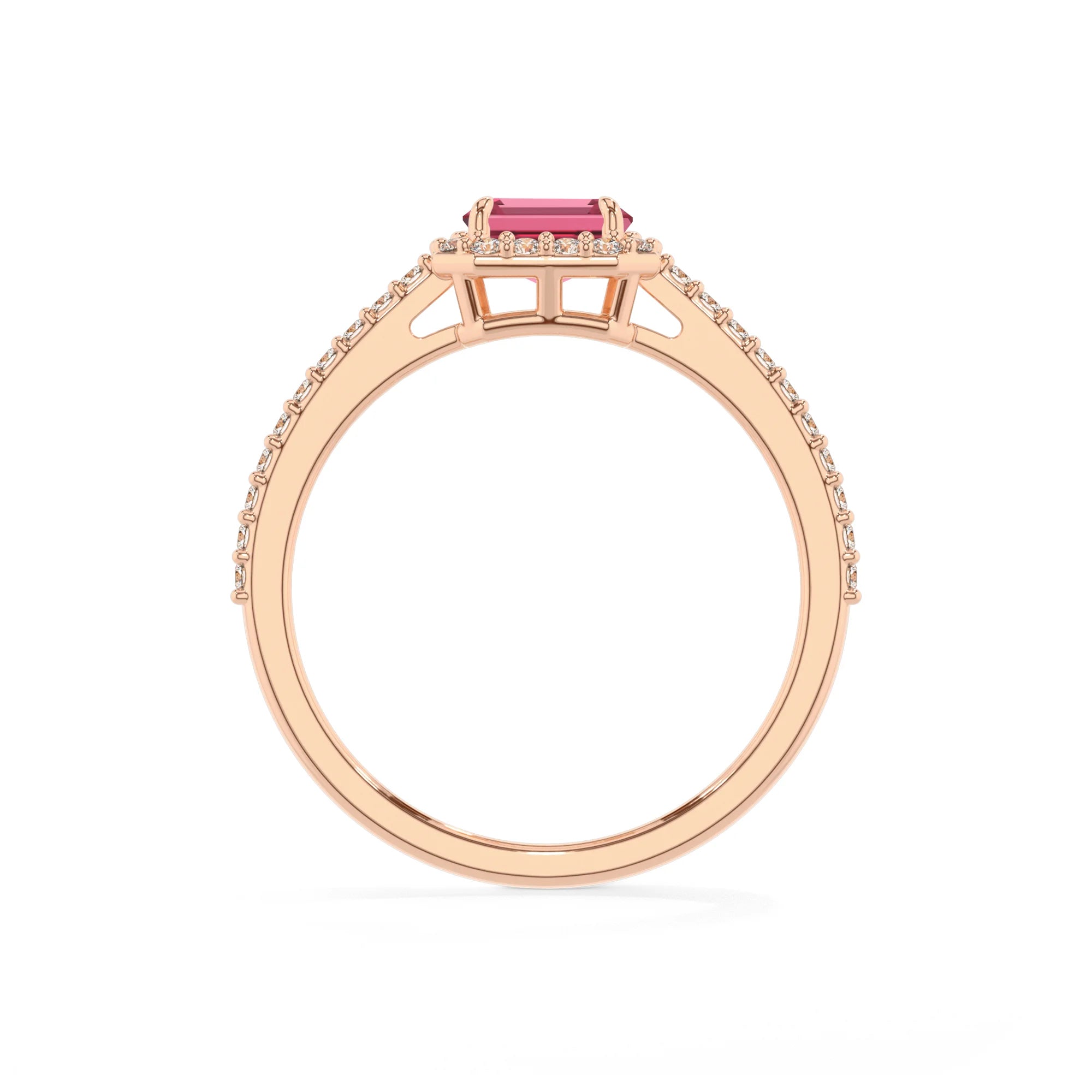 lab grown pink-tourmaline emerald cut solitaire rings in rose gold