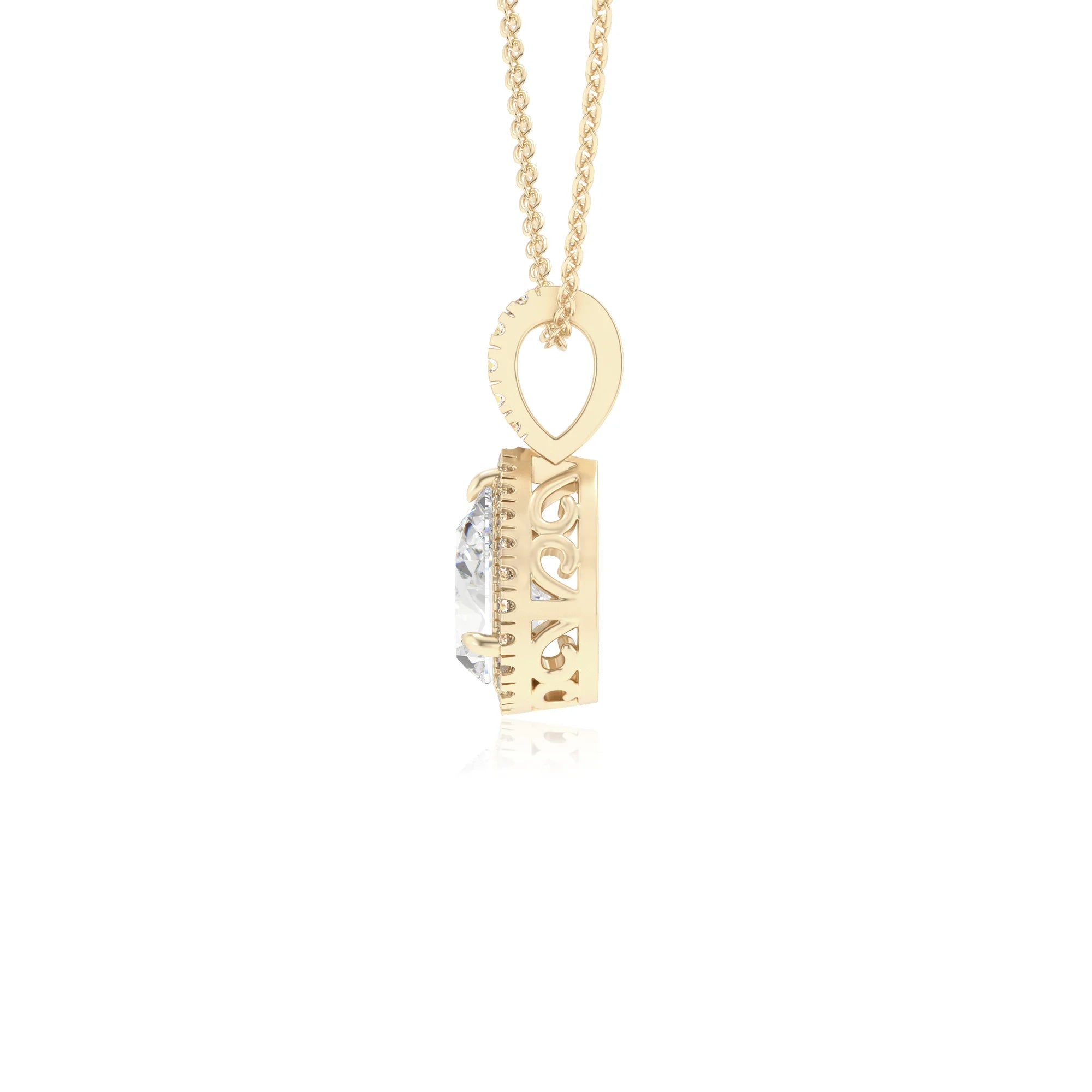 lab grown moissanite pear solitaire necklaces in yellow gold