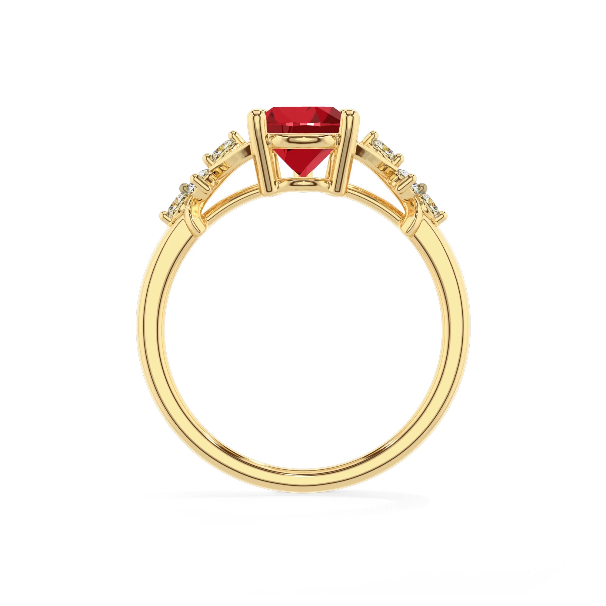 lab grown ruby pear solitaire rings in yellow gold
