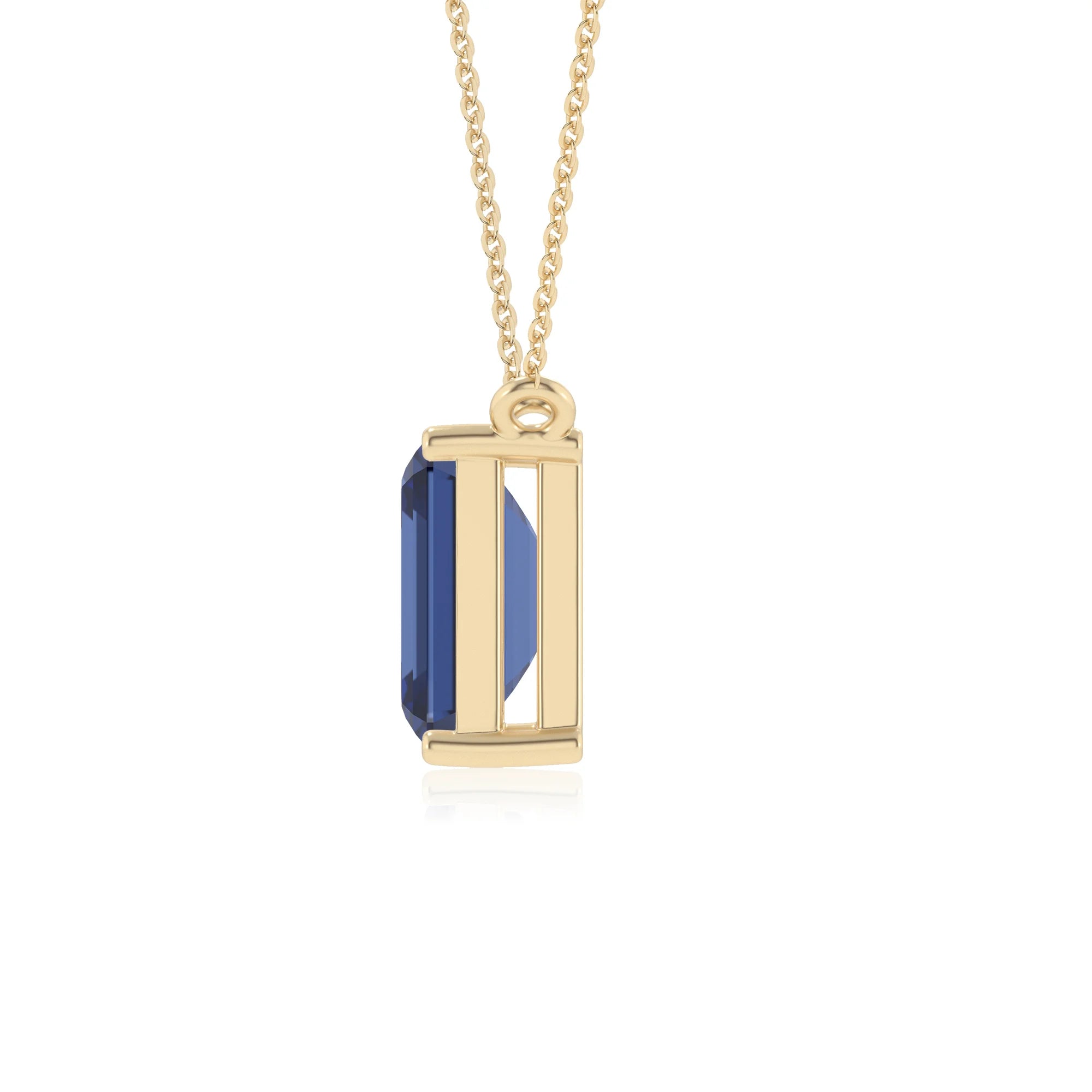 lab grown blue-sapphire emerald cut solitaire necklaces in yellow gold