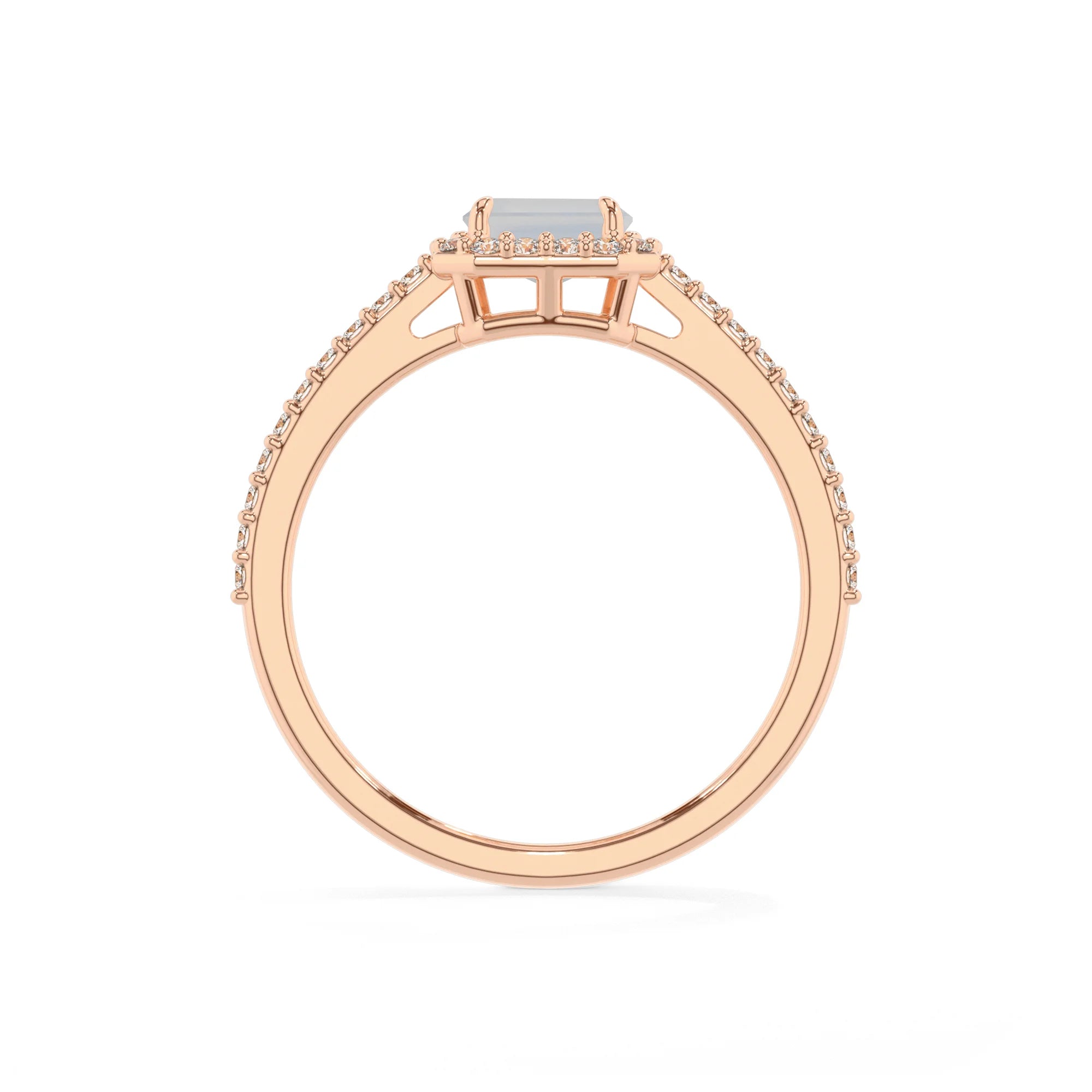 natural rainbow-moonstone emerald cut solitaire rings in rose gold
