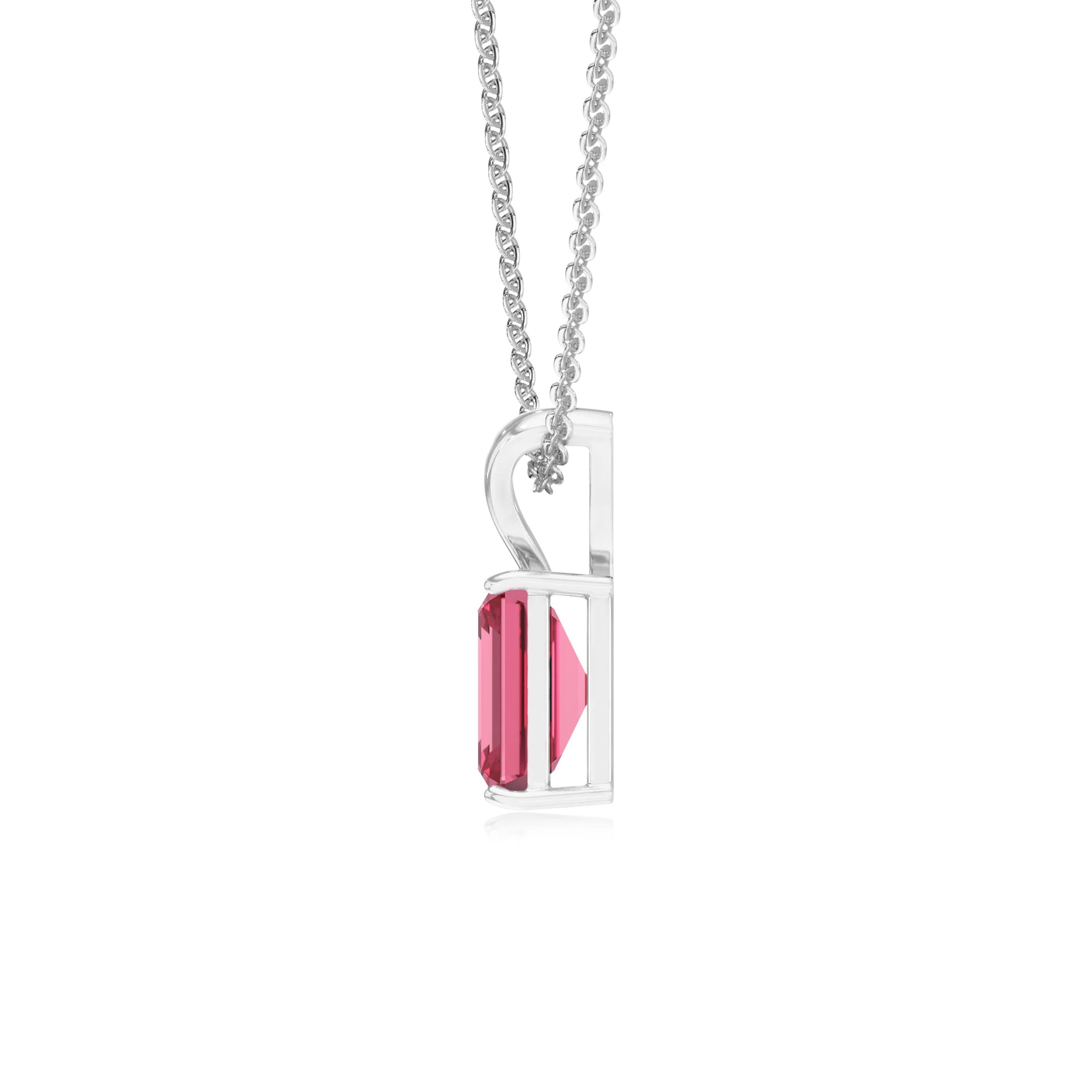 lab grown pink-tourmaline emerald cut solitaire v-bale necklaces in sterling silver