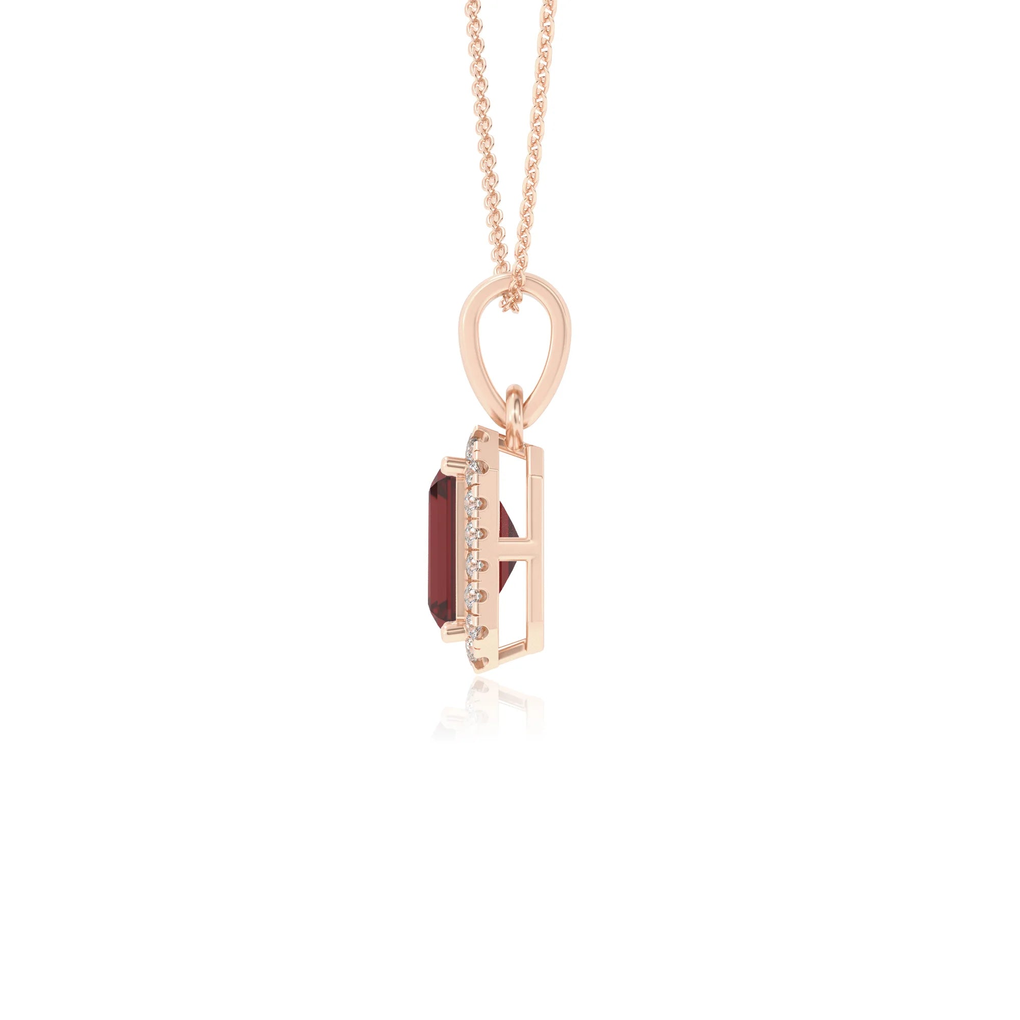 natural garnet emerald cut solitaire necklaces in rose gold