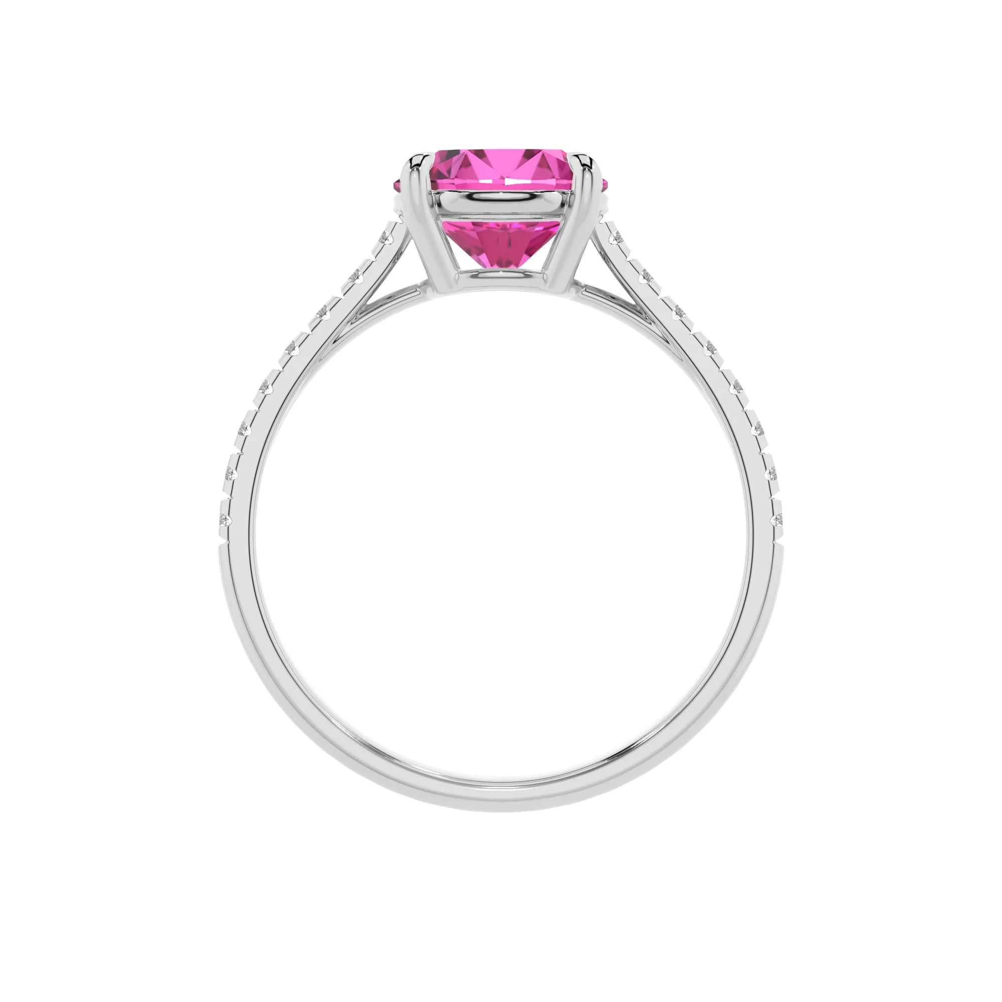 lab grown pink-sapphire round half eternity solitaire engagement rings in platinum