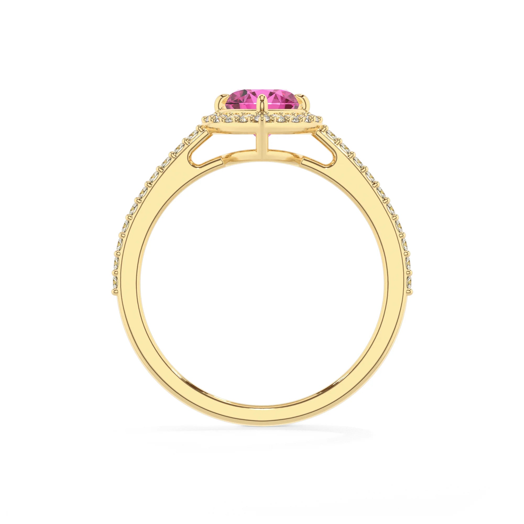 lab grown pink-sapphire heart solitaire rings in yellow gold