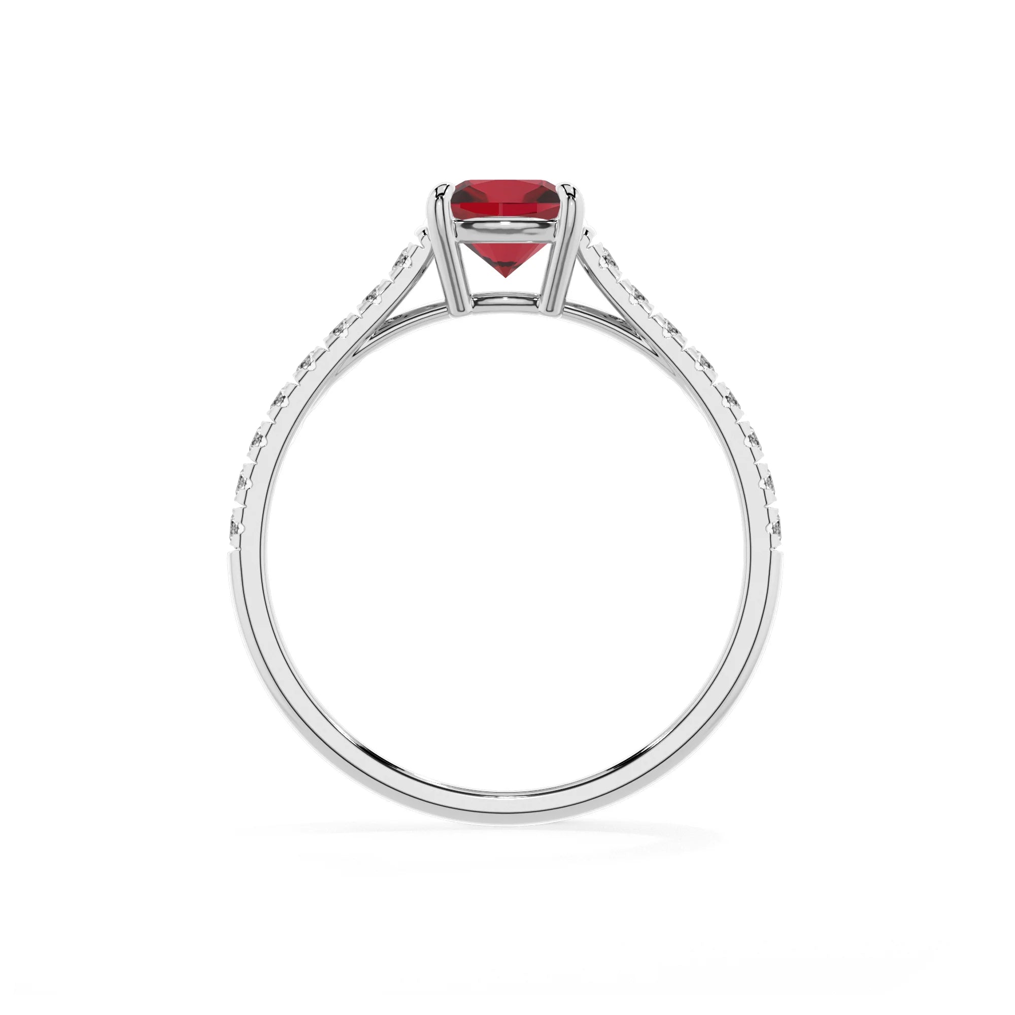 lab grown ruby cushion half eternity solitaire engagement rings in white gold