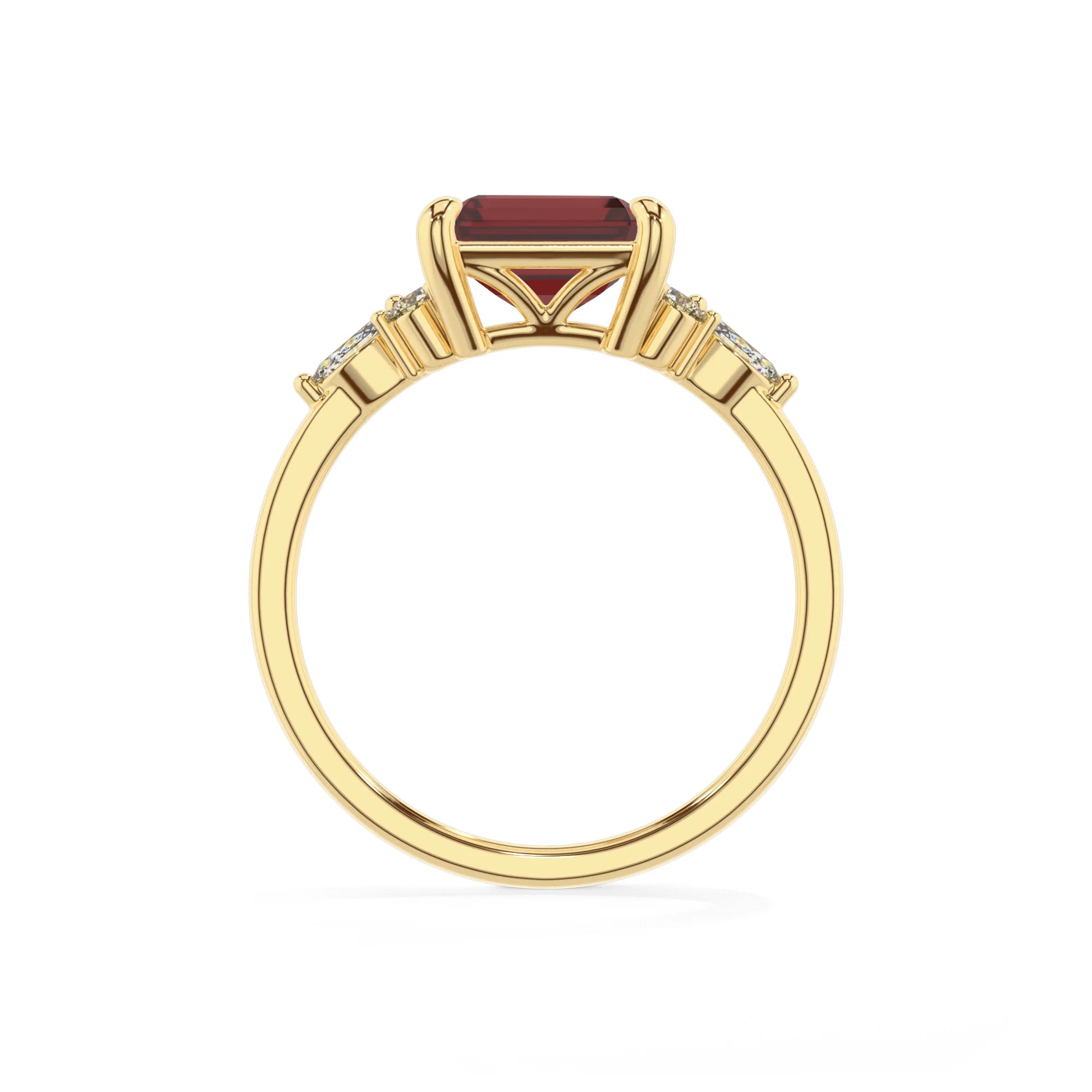 natural garnet emerald cut solitaire rings in yellow gold