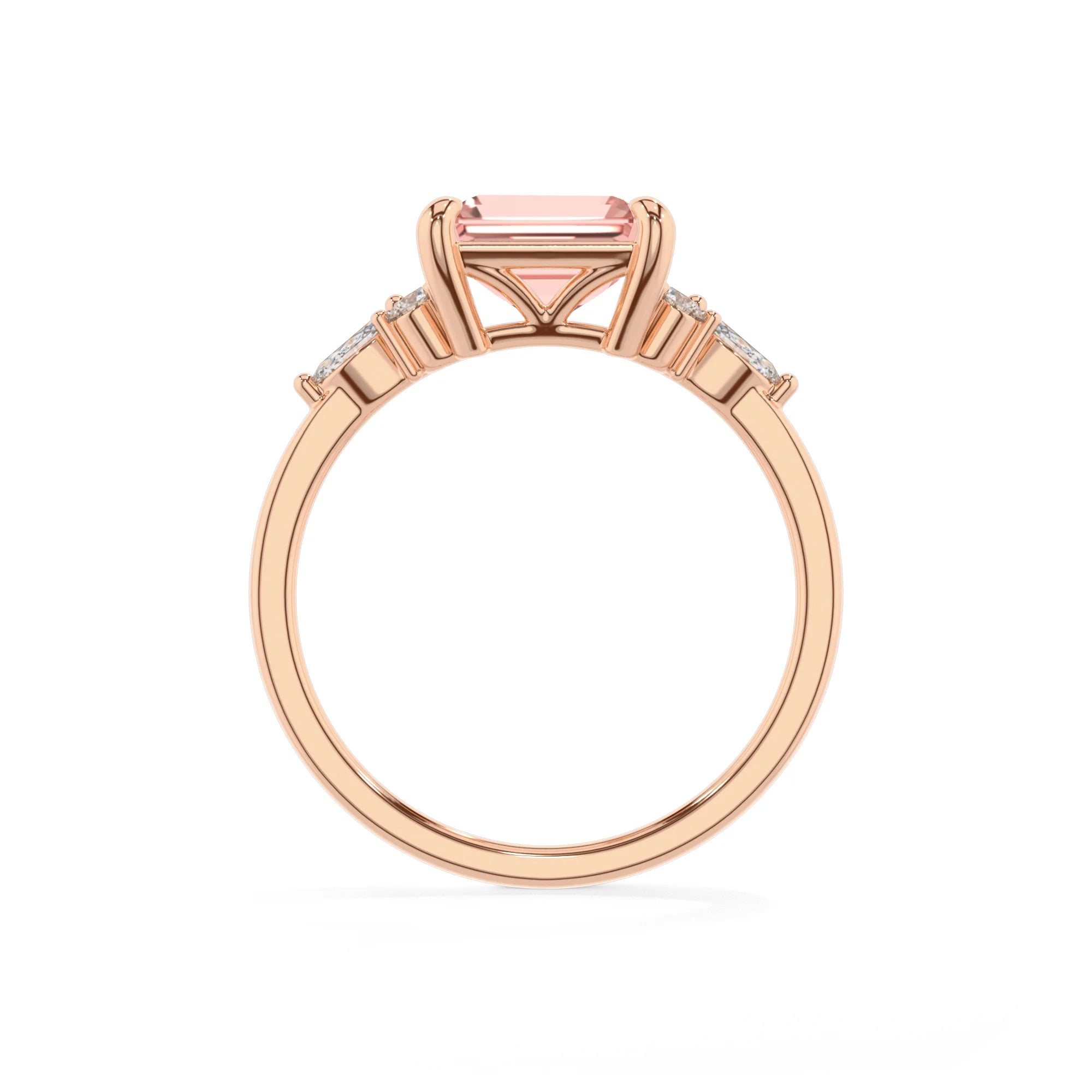 lab grown morganite emerald cut solitaire rings in rose gold