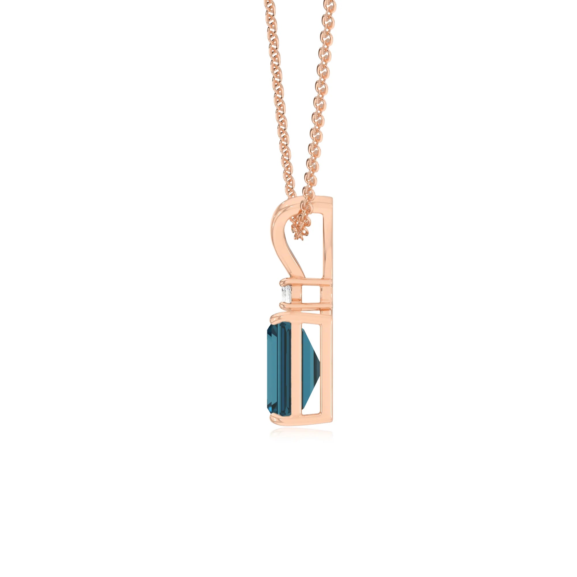 natural london-blue-topaz emerald cut solitaire v-bale necklaces in rose gold