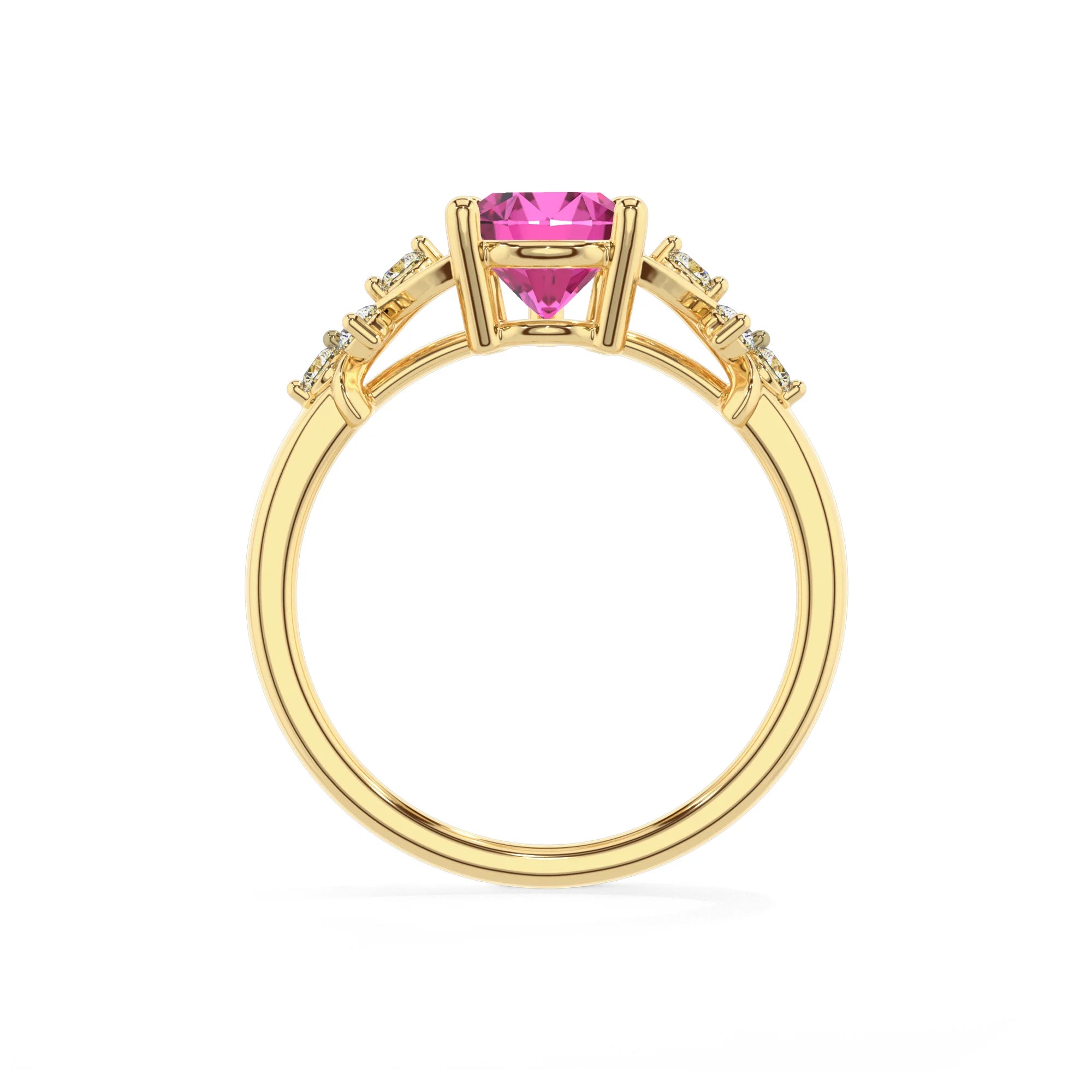 lab grown pink-sapphire pear solitaire rings in yellow gold