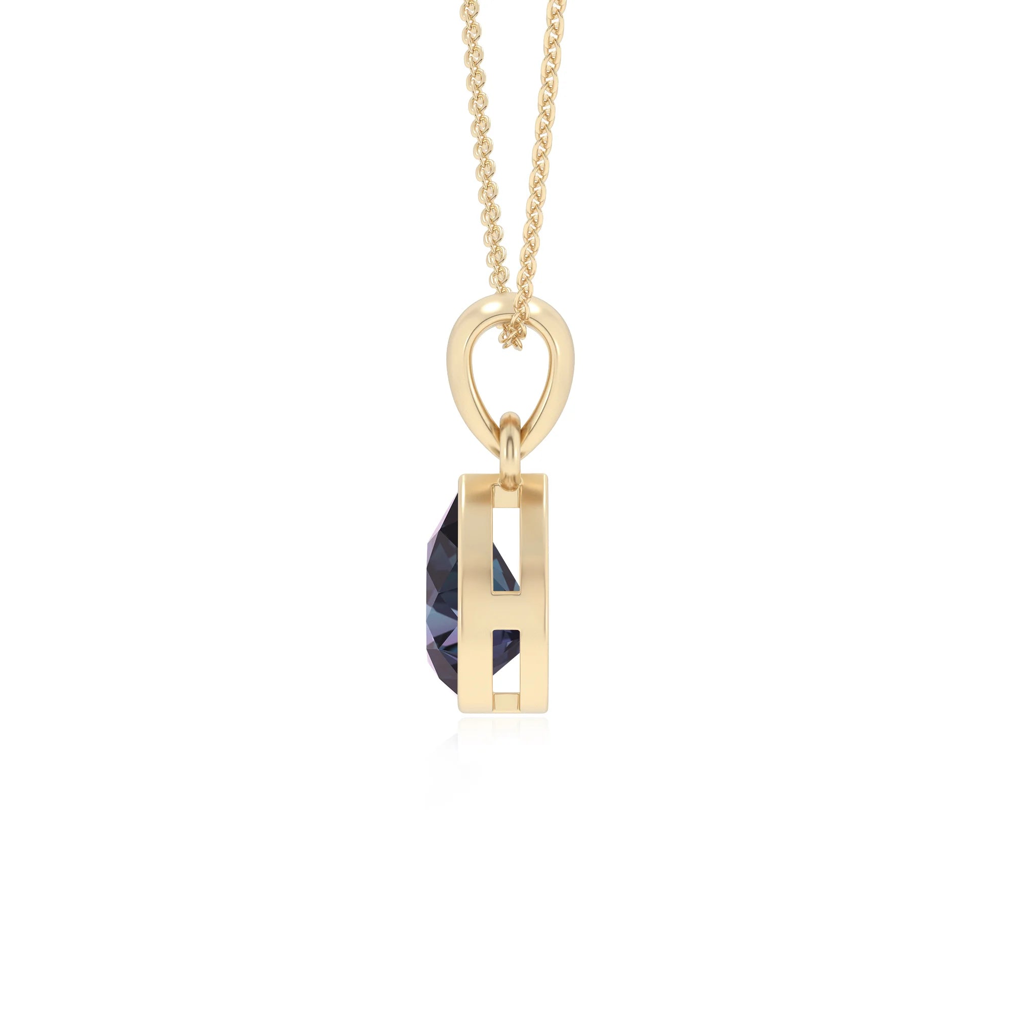 lab grown alexandrite pear solitaire necklaces in yellow gold