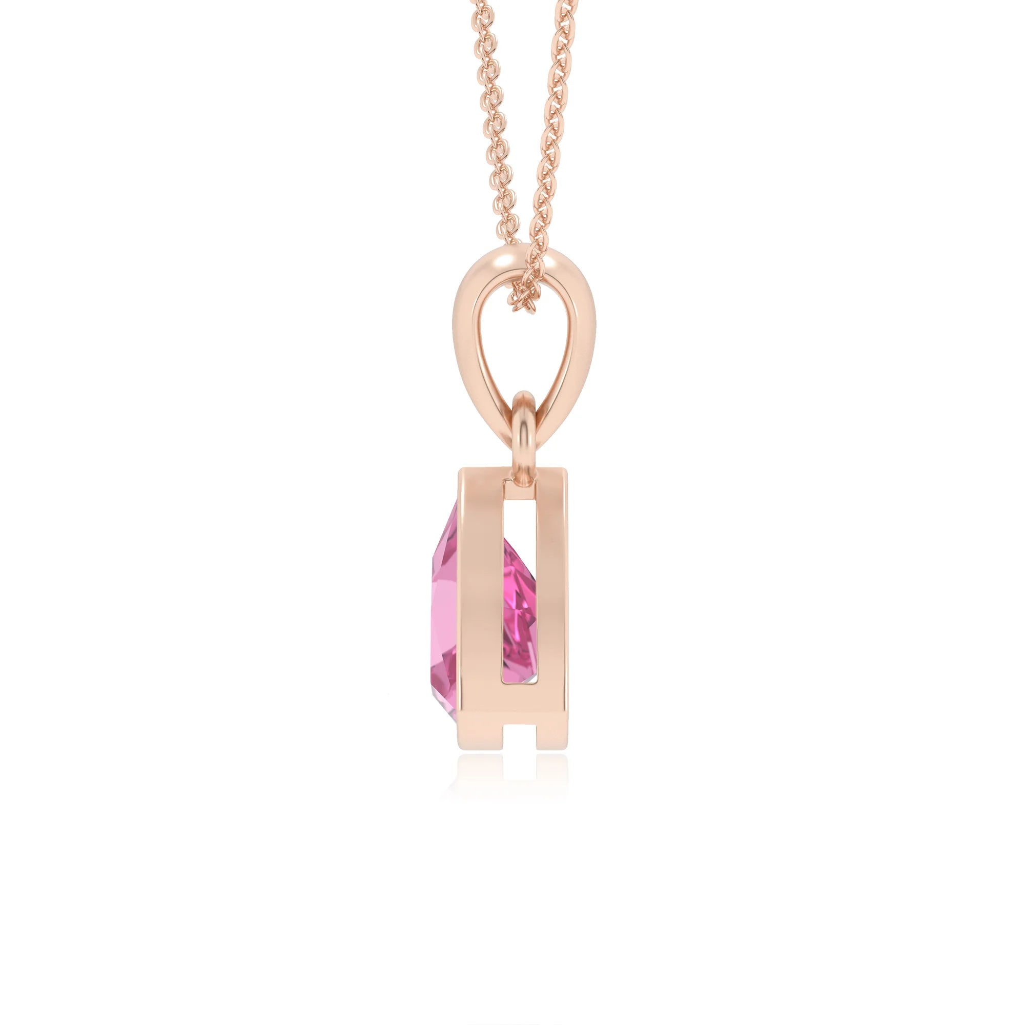 lab grown pink-sapphire trillion solitaire necklaces in rose gold