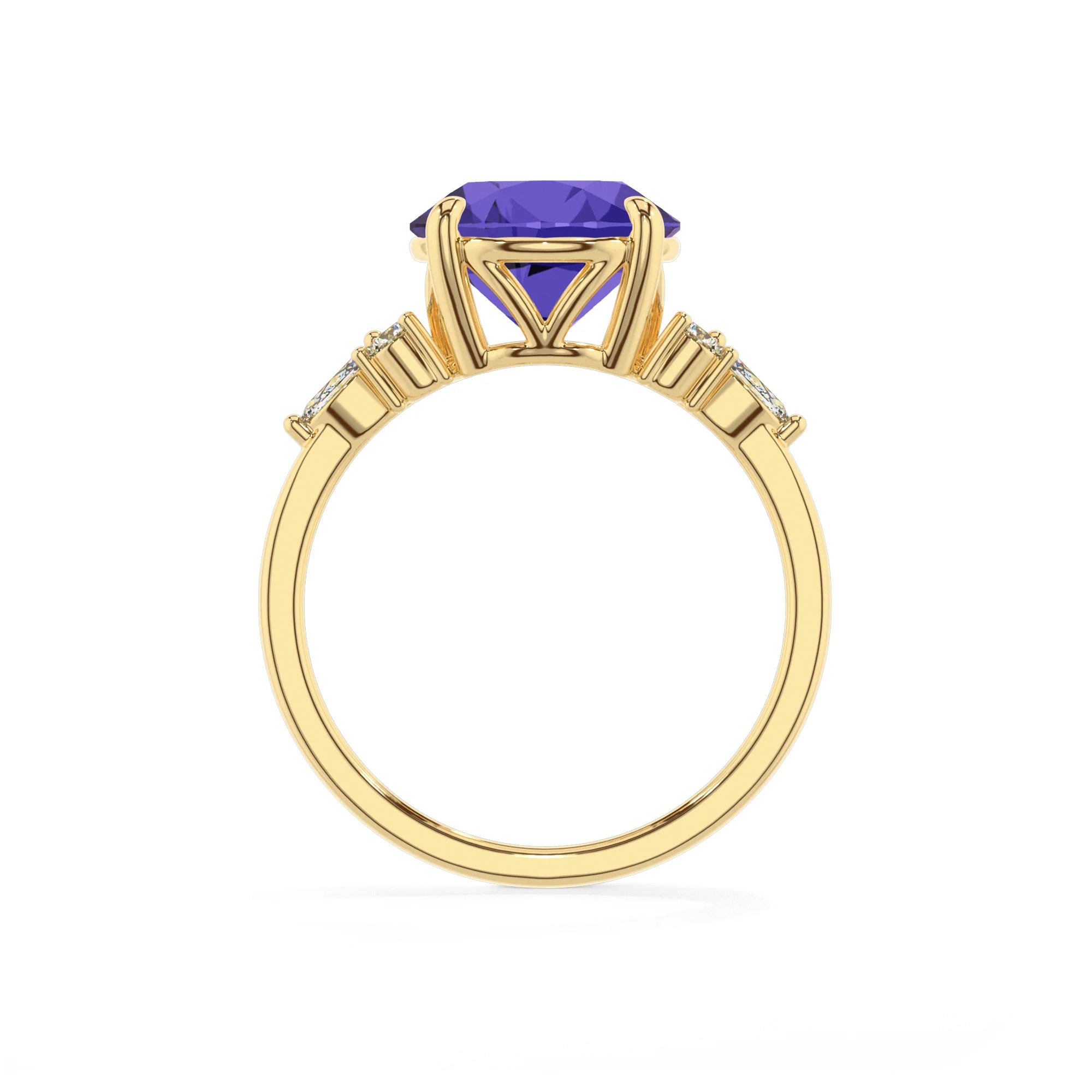 lab grown tanzanite round solitaire rings in yellow gold