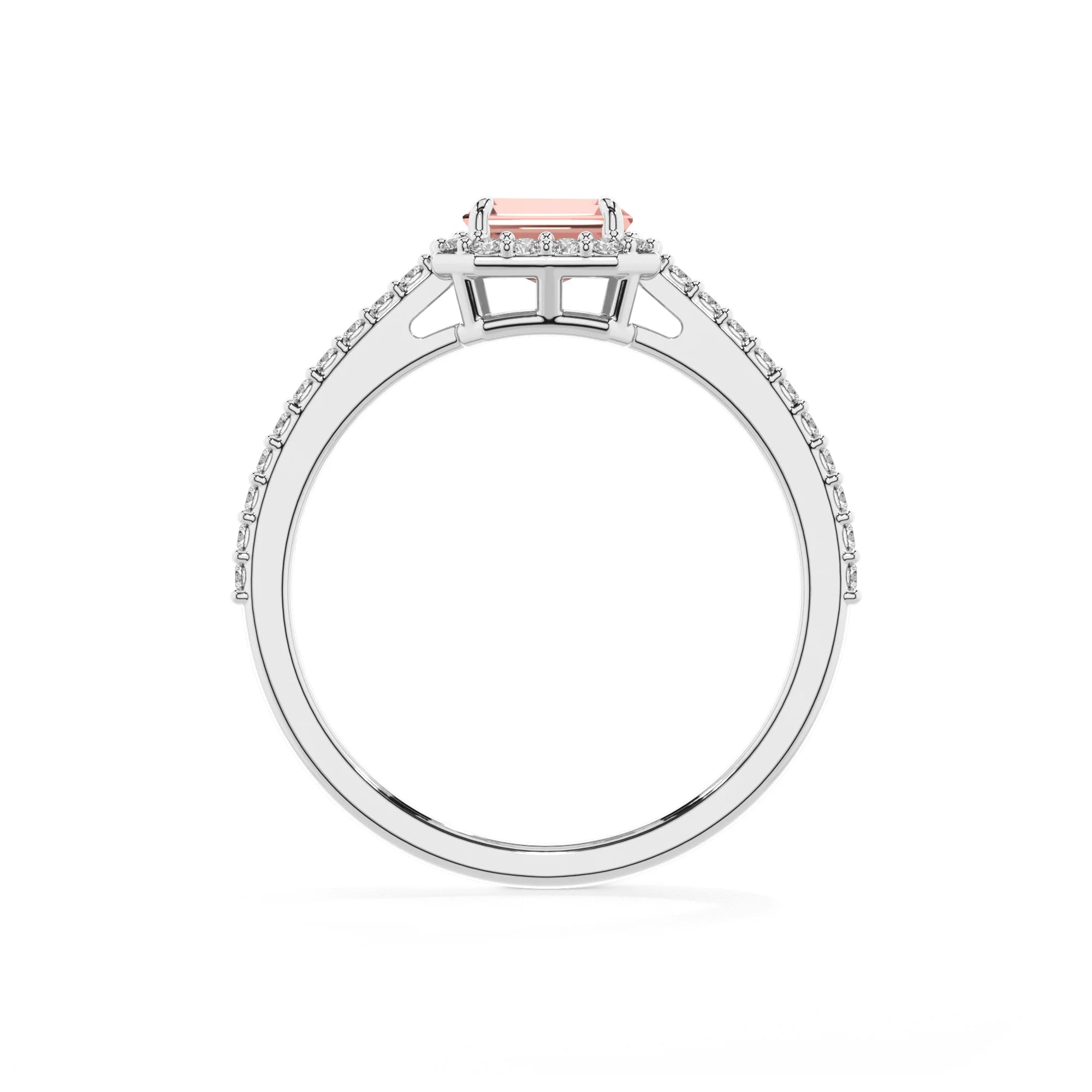 lab grown morganite emerald cut solitaire rings in sterling silver