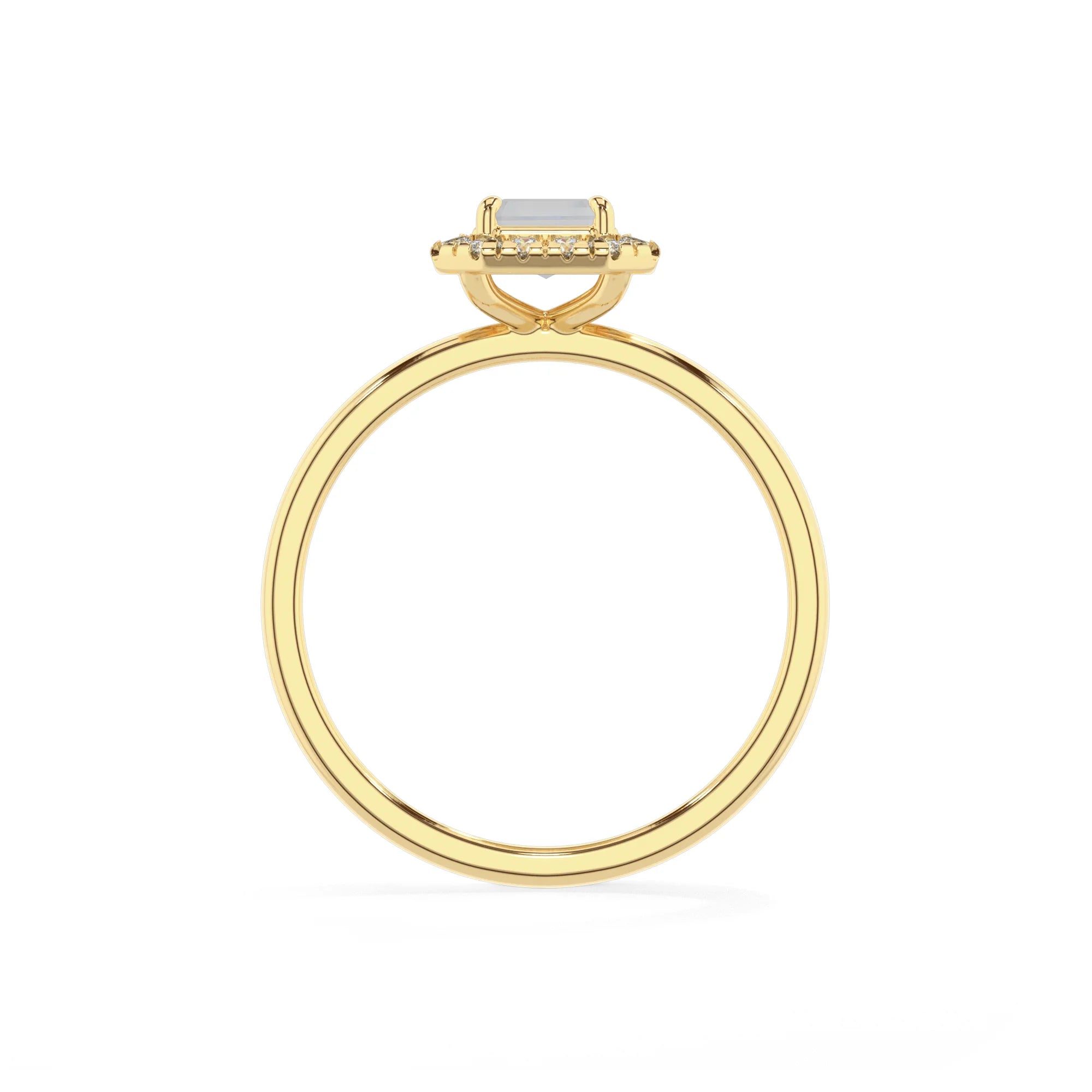 natural rainbow-moonstone emerald cut solitaire rings in yellow gold