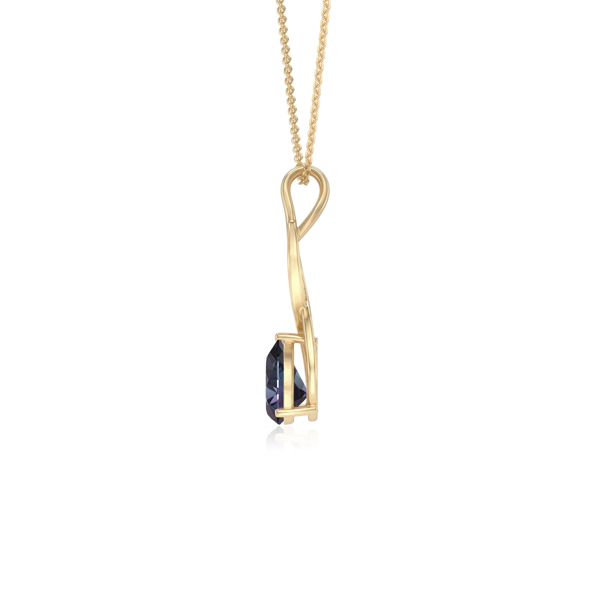 lab grown alexandrite pear solitaire necklaces in yellow gold