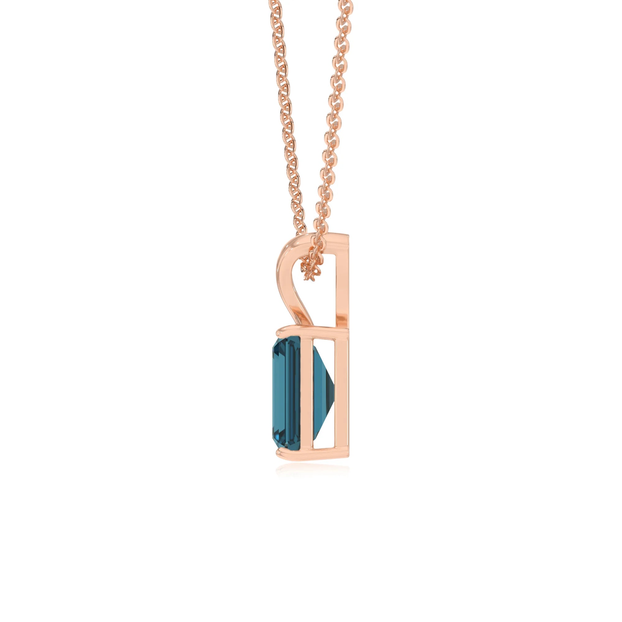 natural london-blue-topaz emerald cut solitaire v-bale necklaces in rose gold