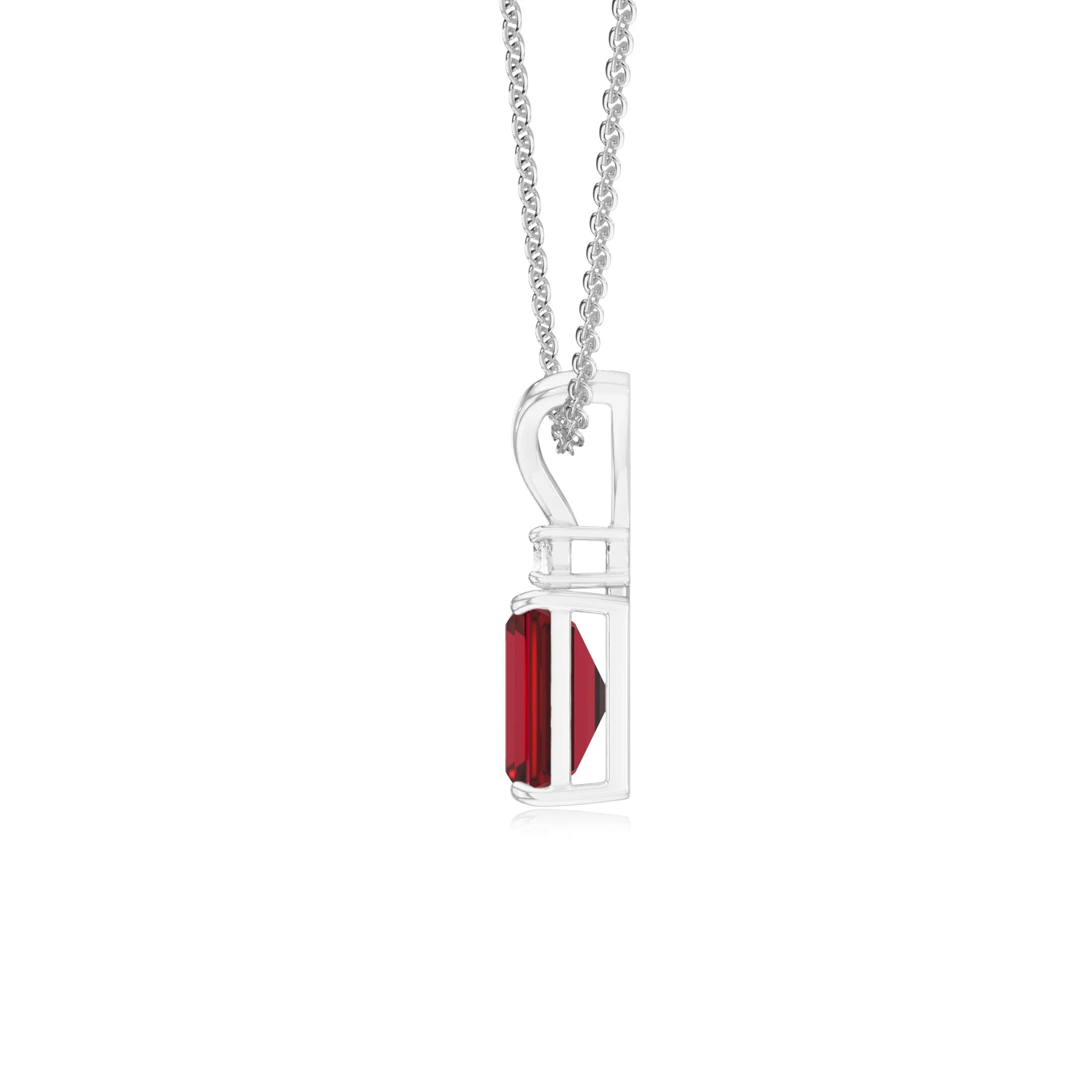 lab grown ruby emerald cut solitaire v-bale necklaces in sterling silver