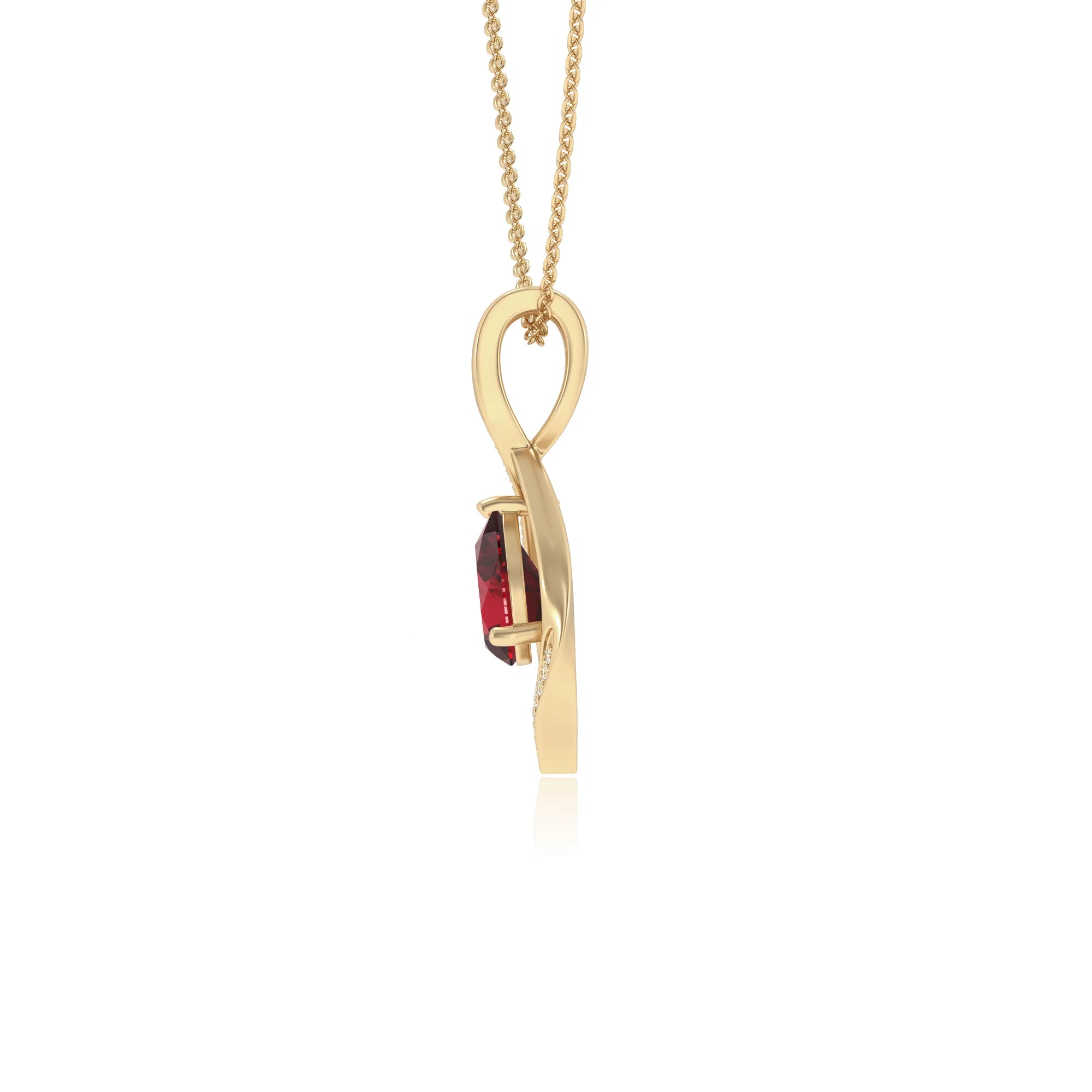 lab grown ruby pear solitaire necklaces in yellow gold
