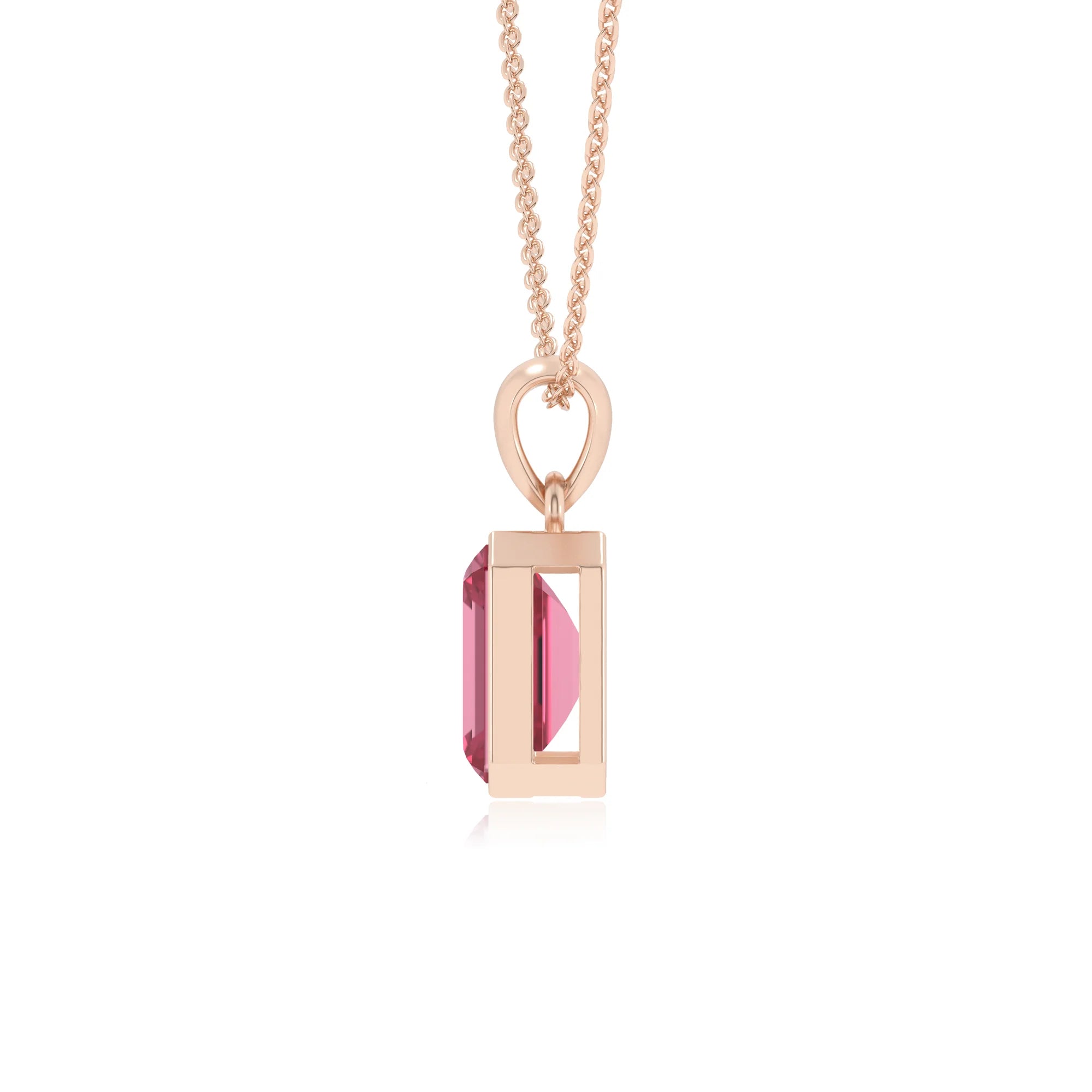 lab grown pink-tourmaline emerald cut solitaire necklaces in rose gold