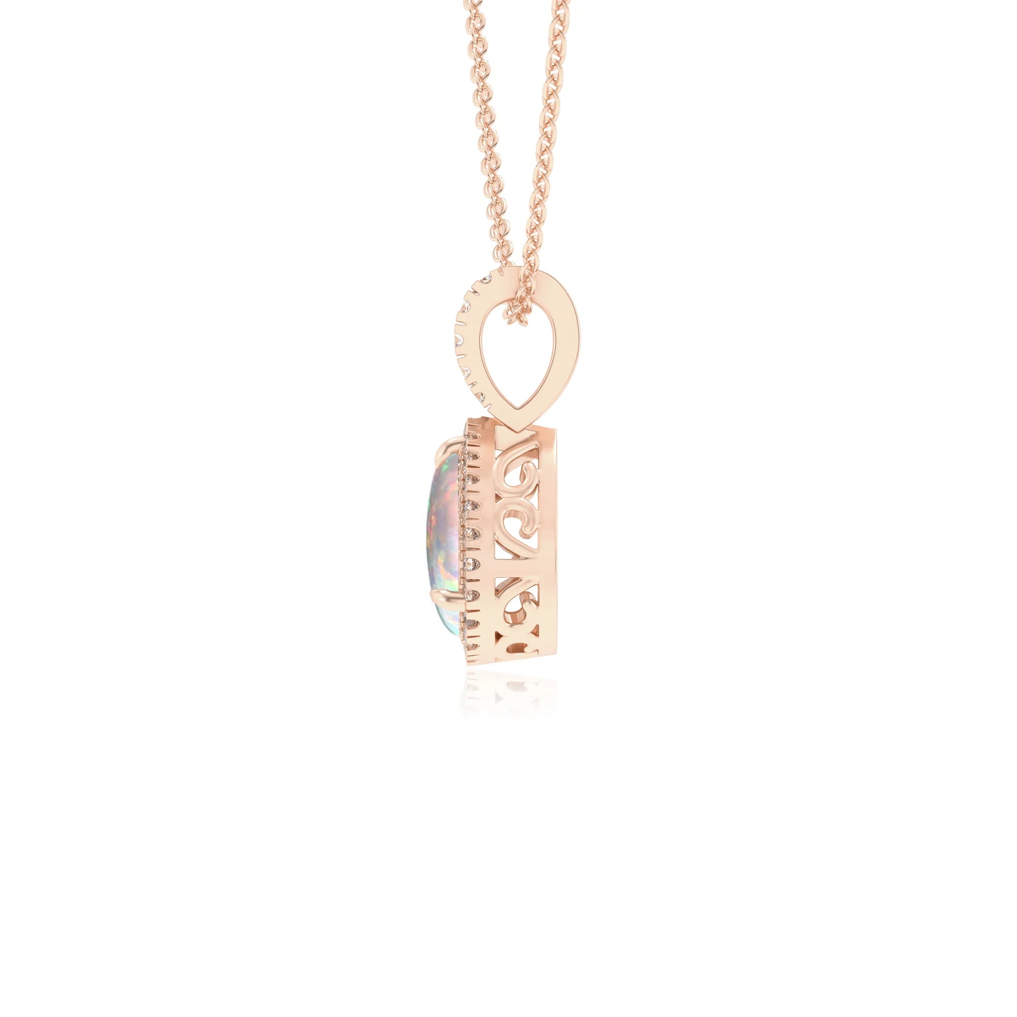 lab grown opal pear solitaire necklaces in rose gold