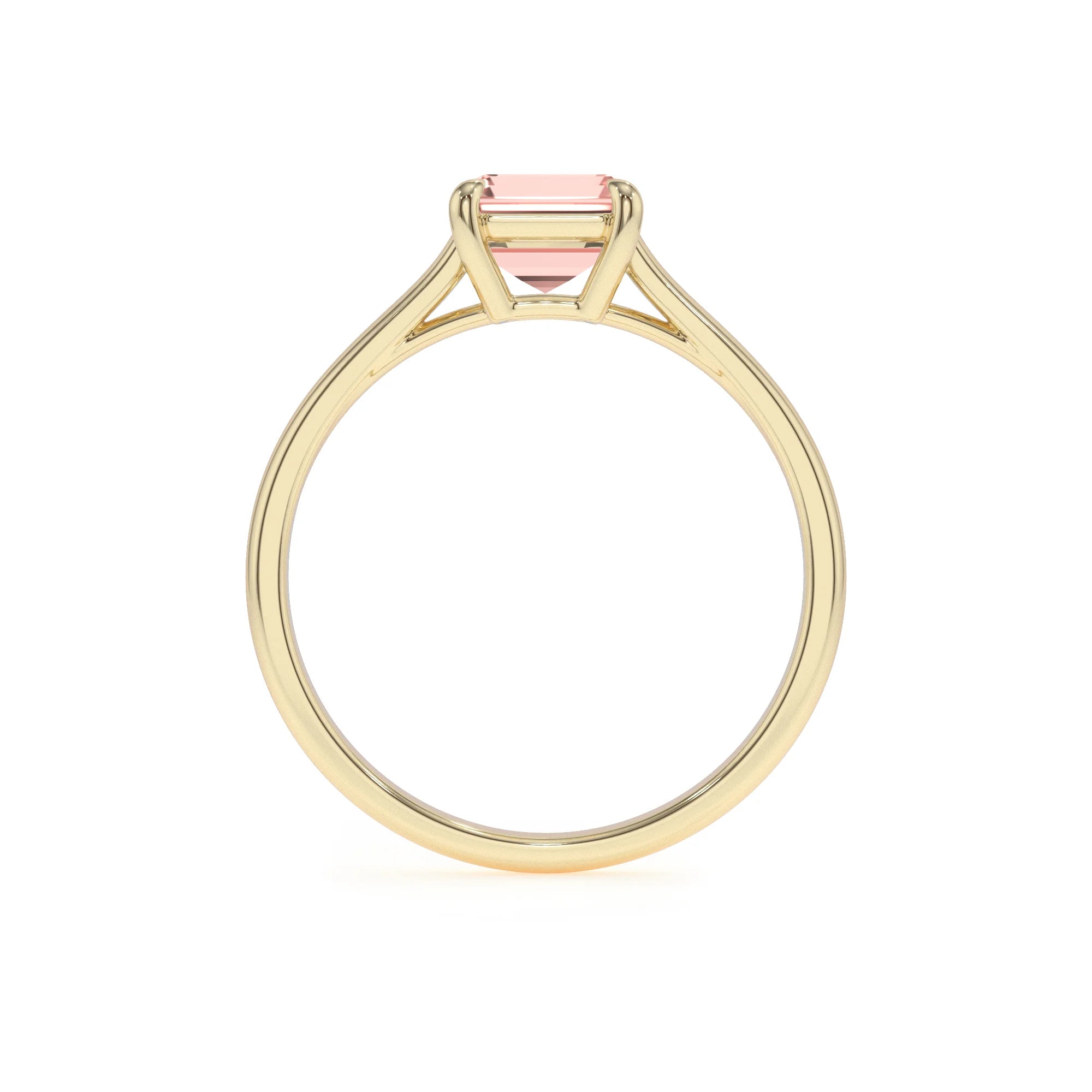 lab grown morganite emerald cut solitaire rings in yellow gold
