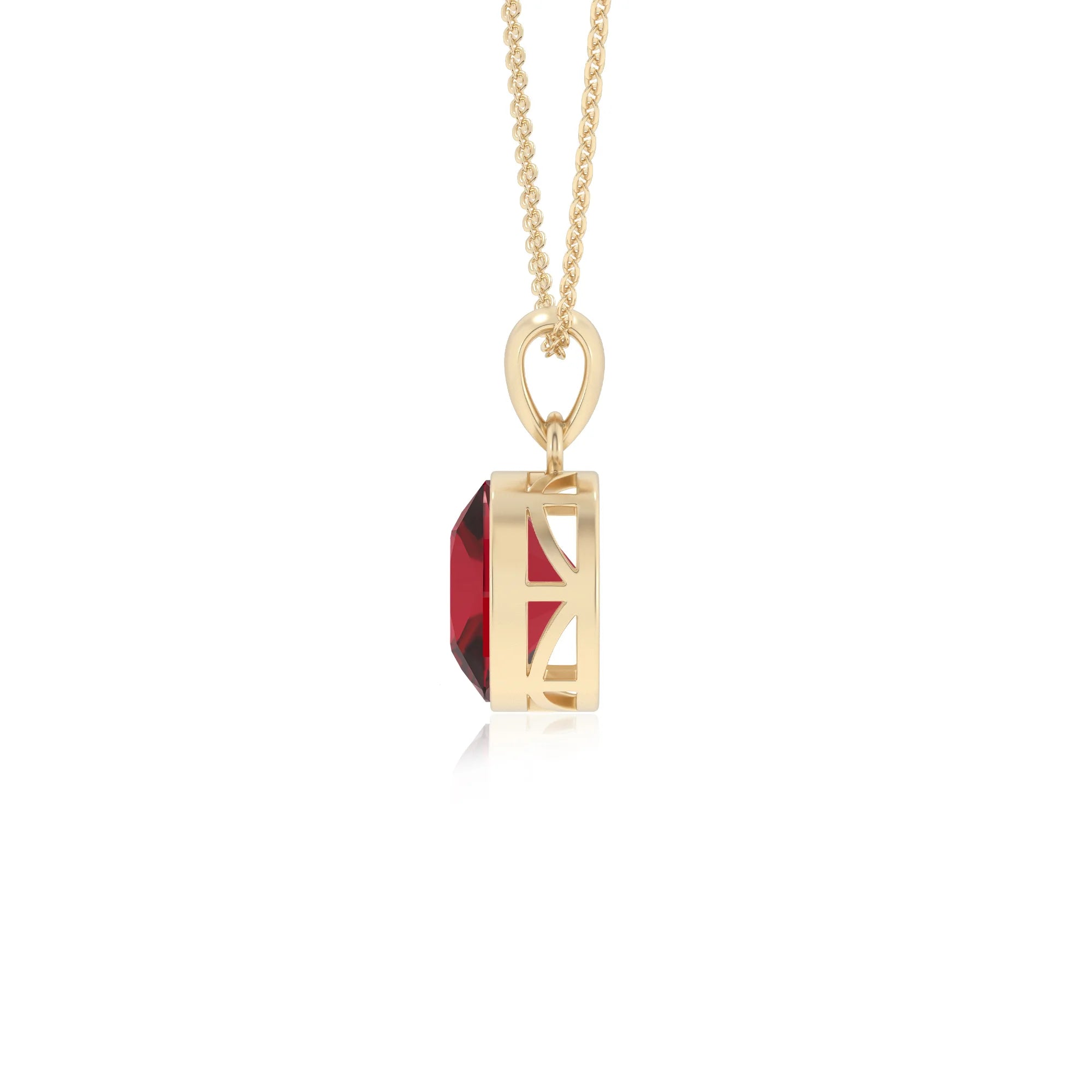 lab grown ruby cushion solitaire necklaces in yellow gold