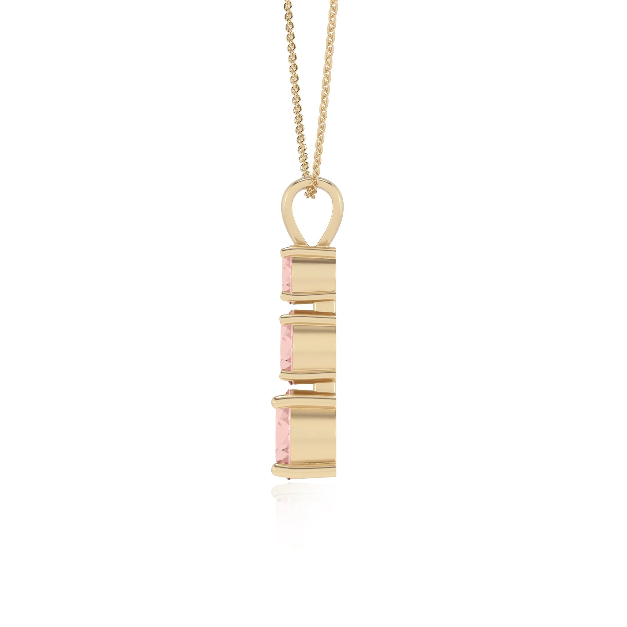 lab grown morganite round bar v-bale necklaces in yellow gold