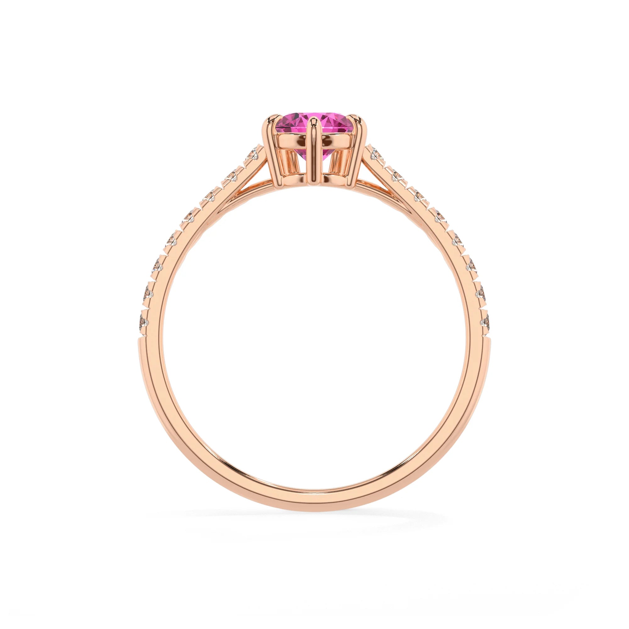 lab grown pink-sapphire pear half eternity solitaire engagement rings in rose gold