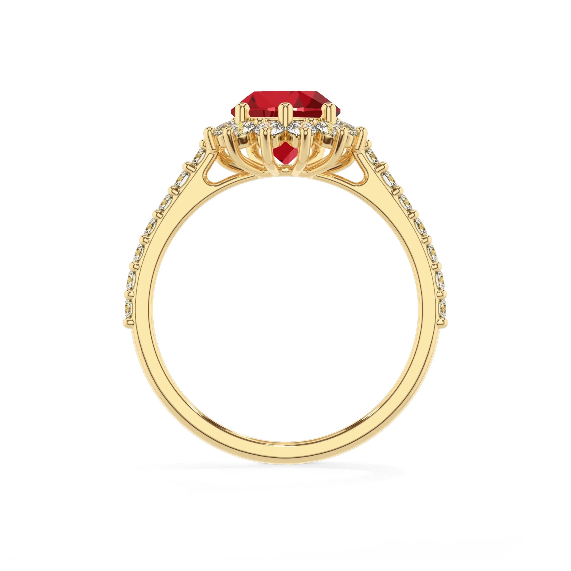 lab grown ruby pear solitaire rings in yellow gold