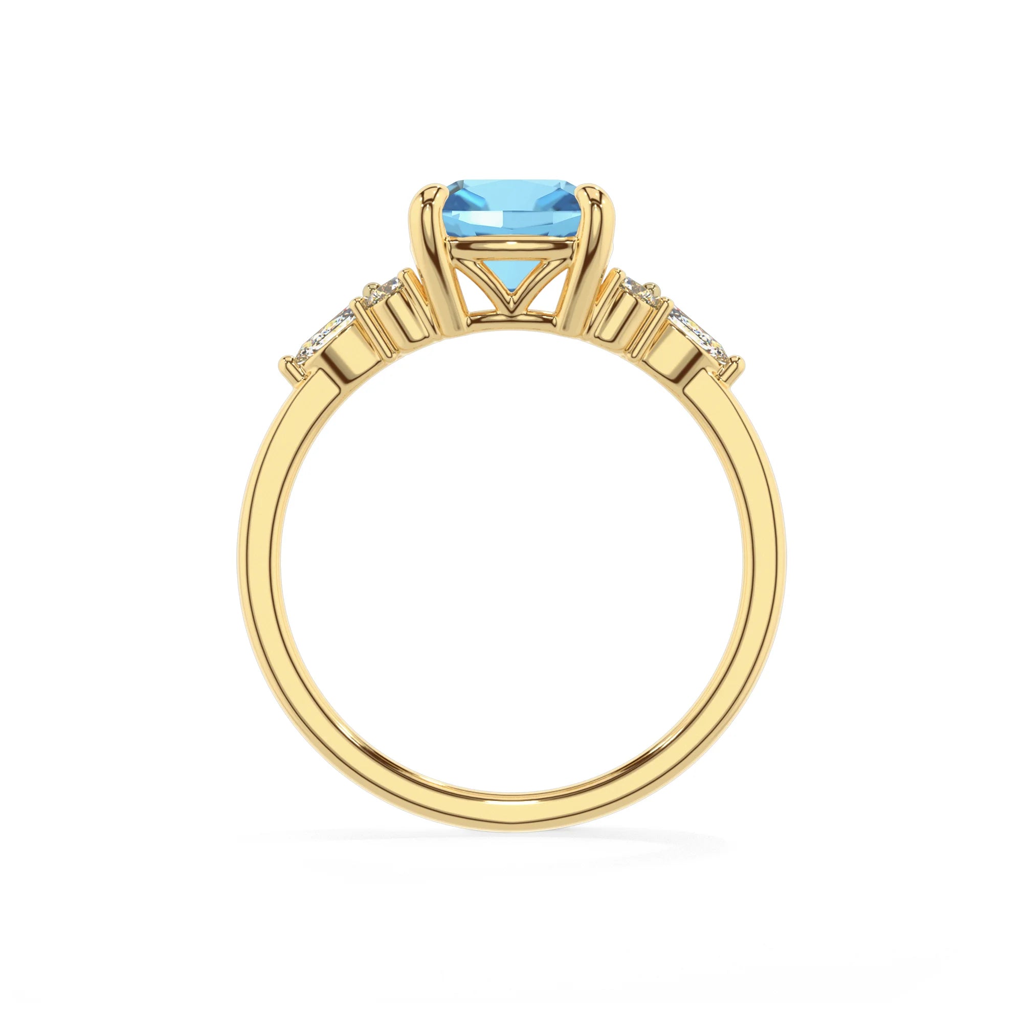 natural swiss-blue-topaz cushion solitaire rings in yellow gold